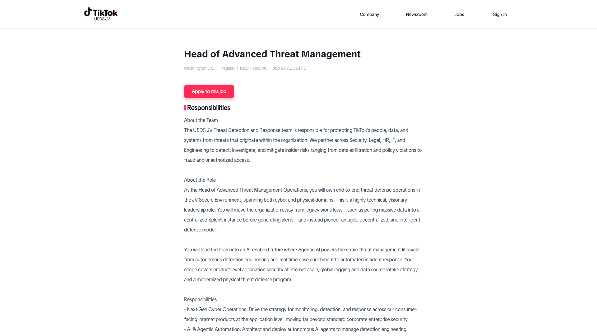 Screenshot of the TikTok USDS Head of Advanced Threat Management job posting, captured 2026-10-25