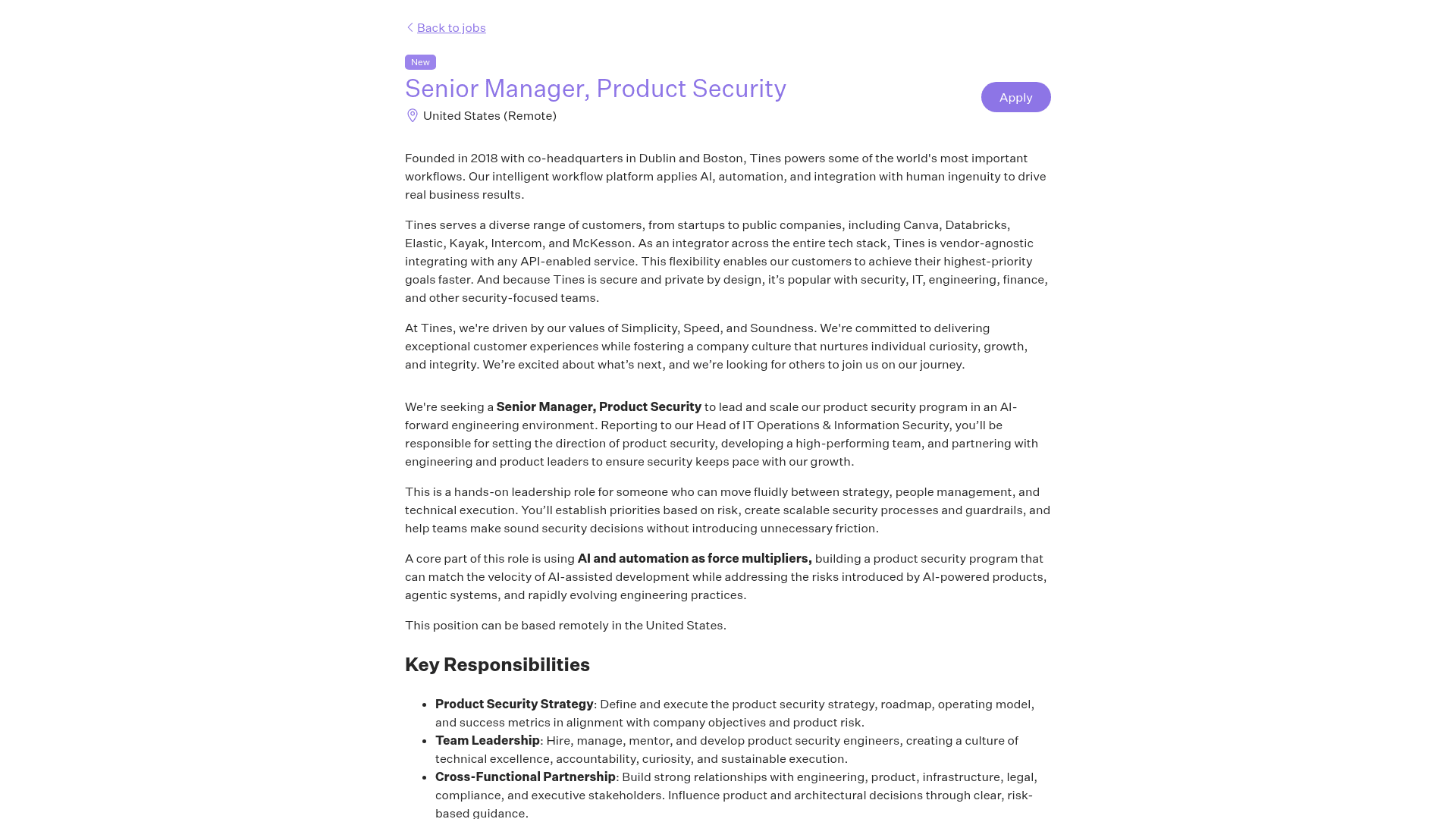 Screenshot of the Tines Senior Manager, Product Security job posting, captured 2026-08-31