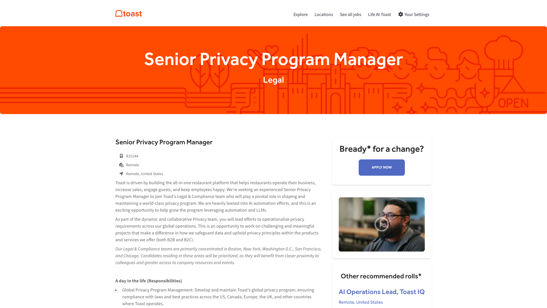 Screenshot of the Toast Senior Privacy Program Manager job posting, captured 2026-10-25