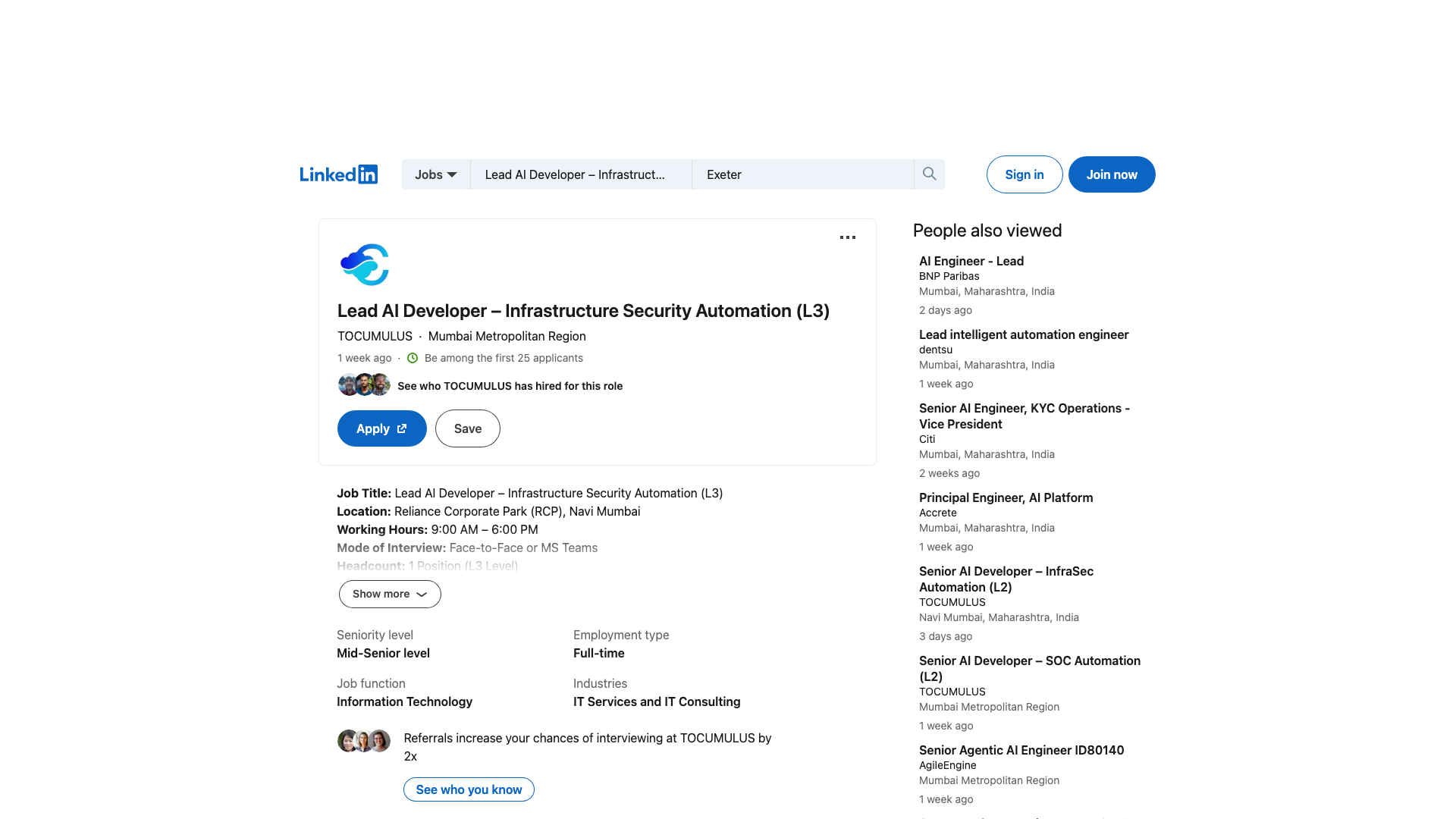 Screenshot of the TOCUMULUS Lead AI Developer - Infrastructure Security Automation (L3) job posting, captured 2026-09-05