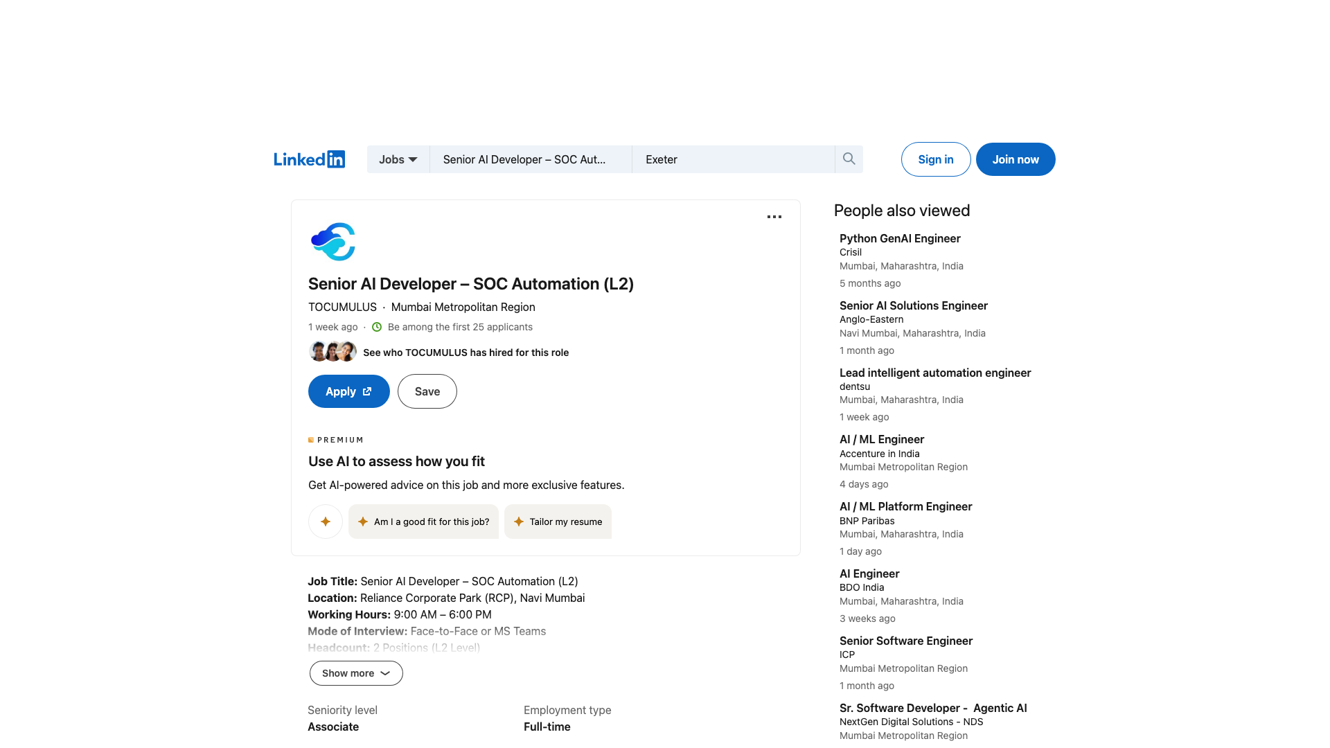 Screenshot of the TOCUMULUS Senior AI Developer - SOC Automation (L2) job posting, captured 2026-09-05
