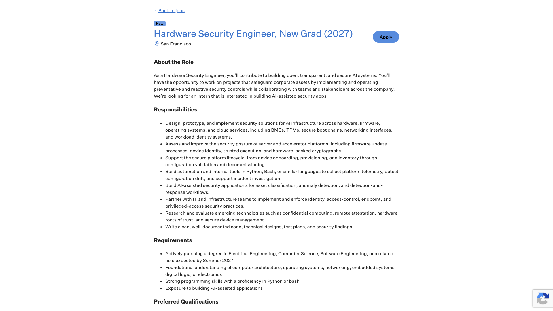Screenshot of the Together AI Hardware Security Engineer, New Grad (2027) job posting, captured 2026-10-22