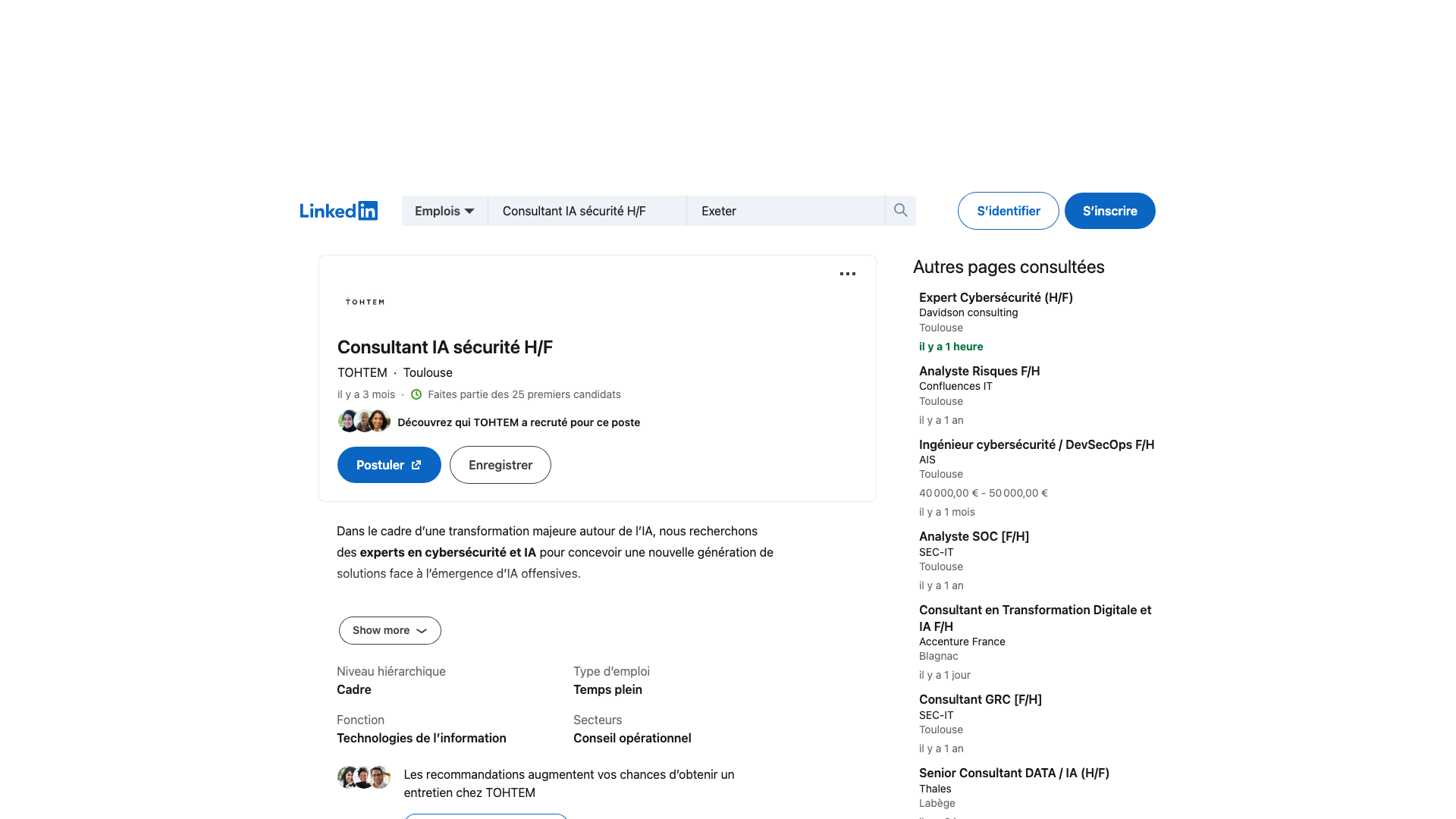 Screenshot of the TOHTEM Consultant IA sécurité H/F job posting, captured 2026-09-05