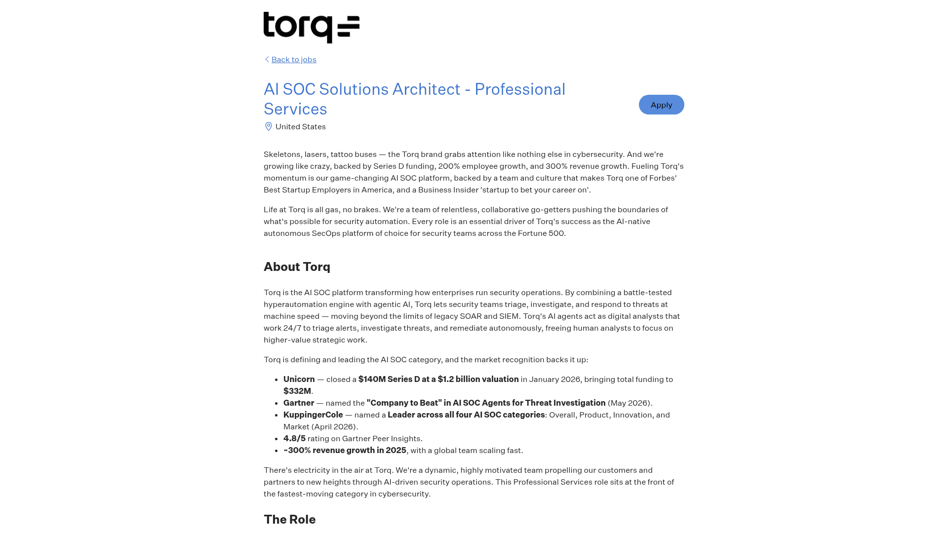 Screenshot of the Torq AI SOC Solutions Architect - Professional Services job posting, captured 2026-08-27