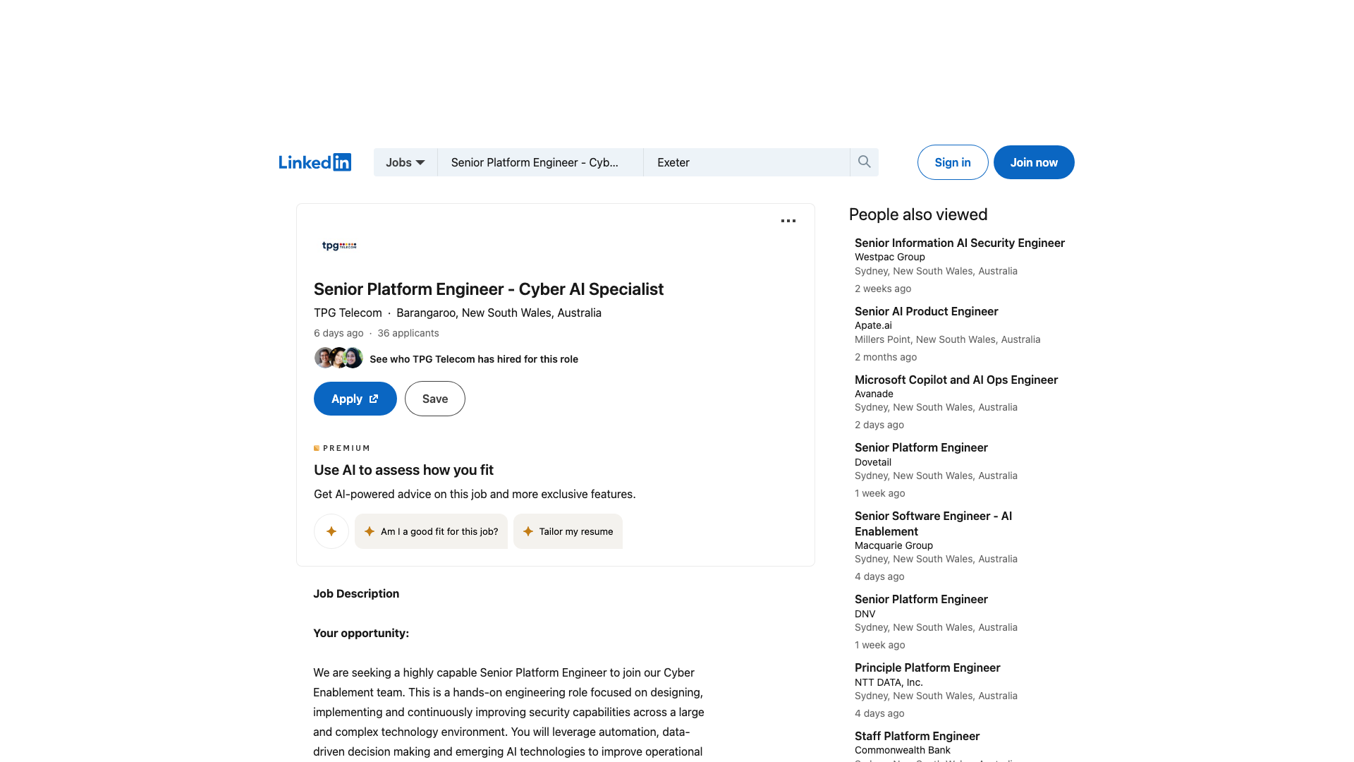 Screenshot of the TPG Telecom Senior Platform Engineer - Cyber AI Specialist job posting, captured 2026-09-05