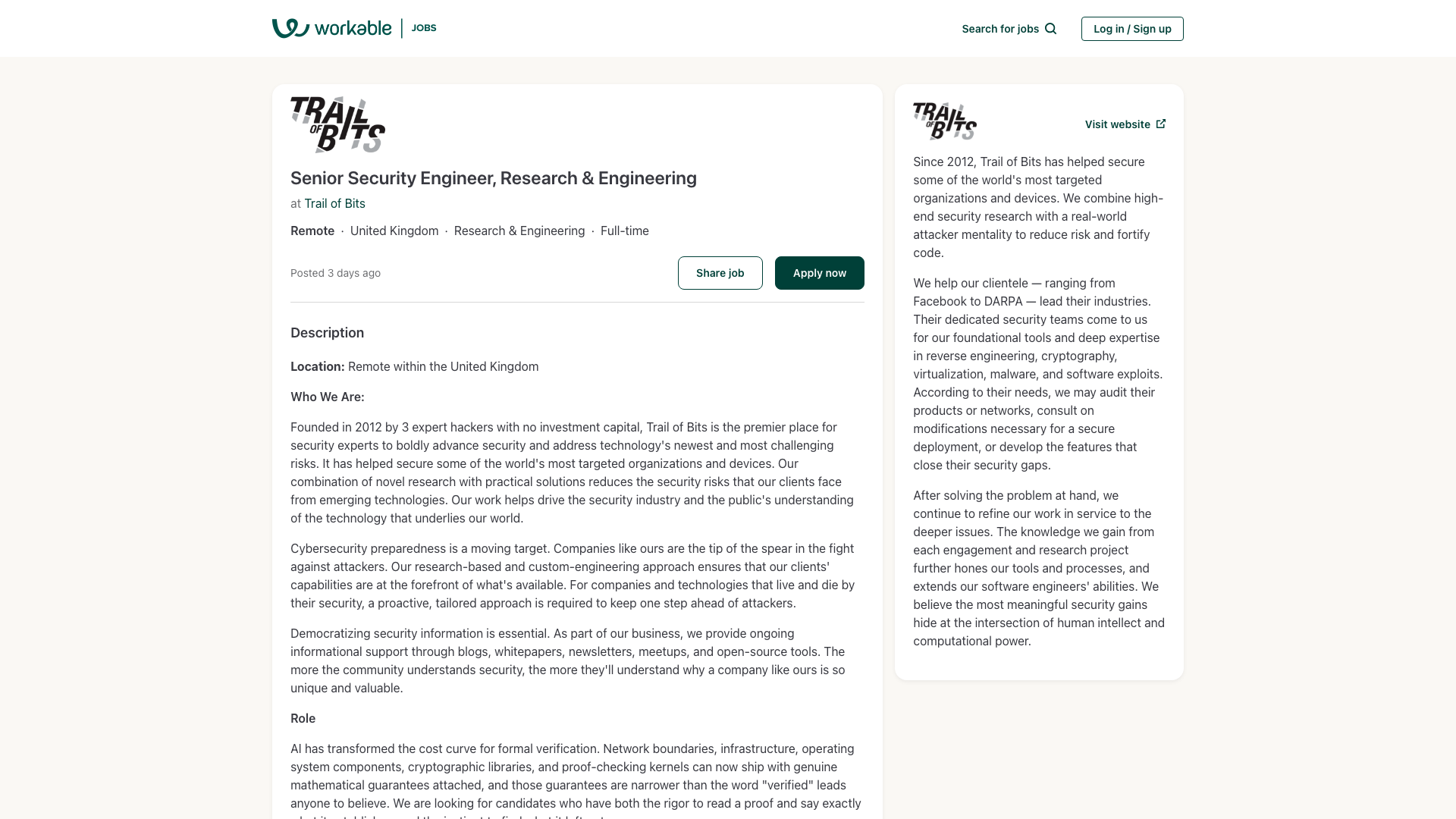 Screenshot of the Trail of Bits Senior Security Engineer, Research & Engineering job posting, captured 2026-09-05