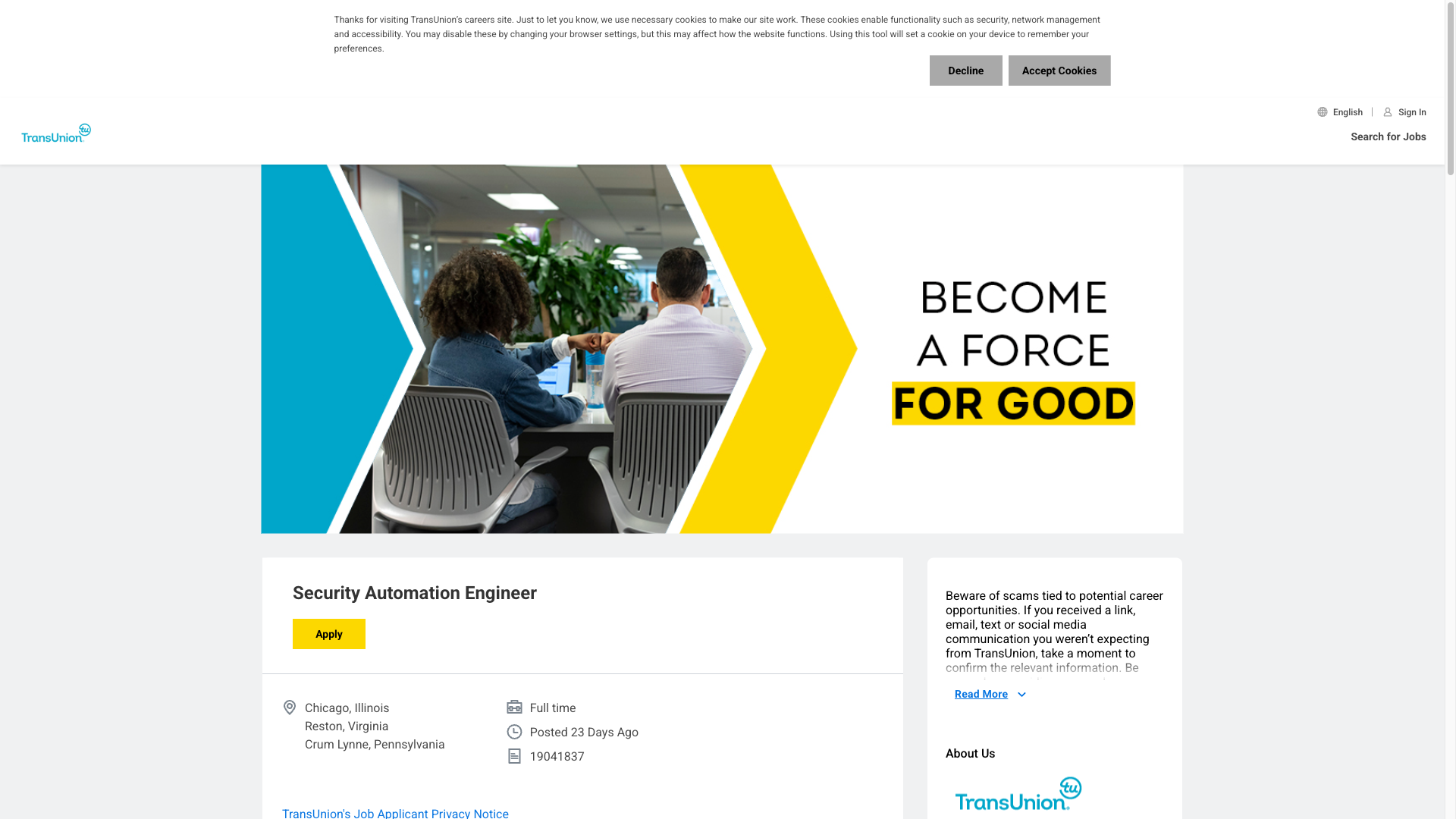 Screenshot of the TransUnion Security Automation Engineer job posting, captured 2026-09-23