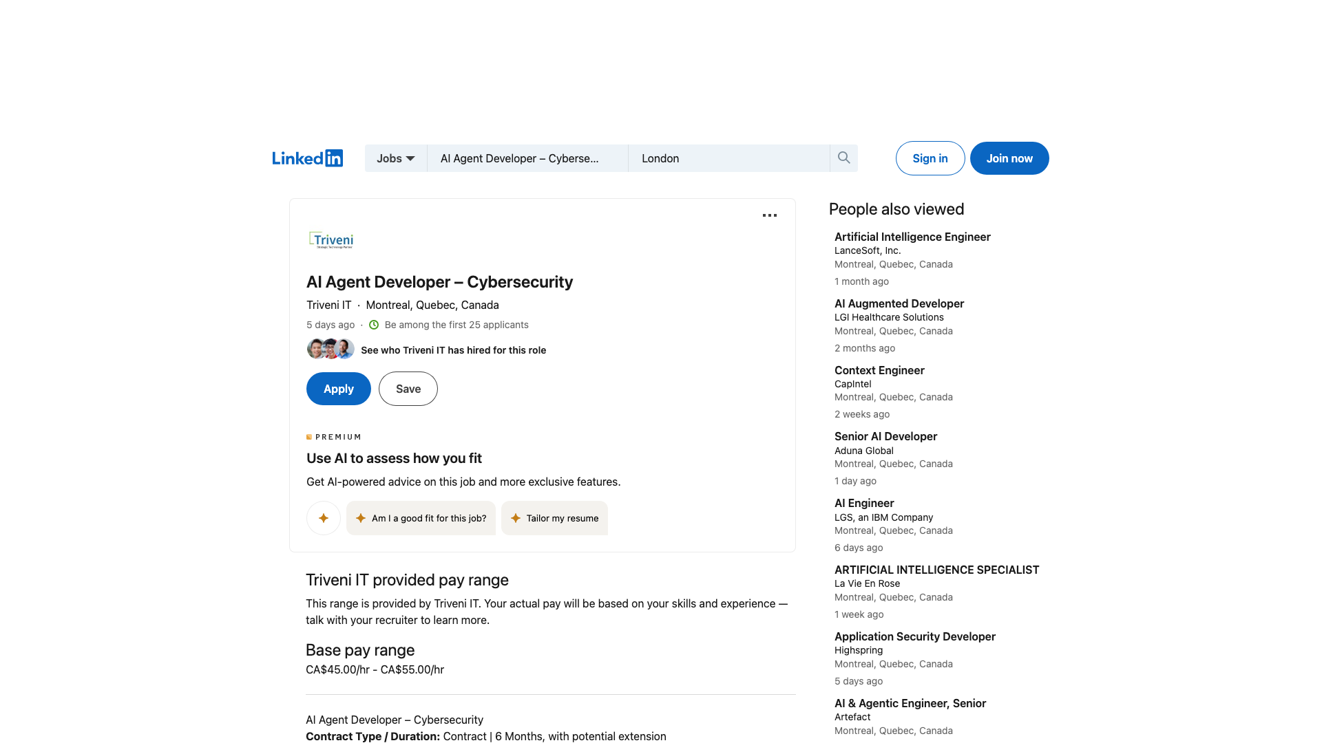 Screenshot of the Triveni IT AI Agent Developer – Cybersecurity job posting, captured 2026-09-05