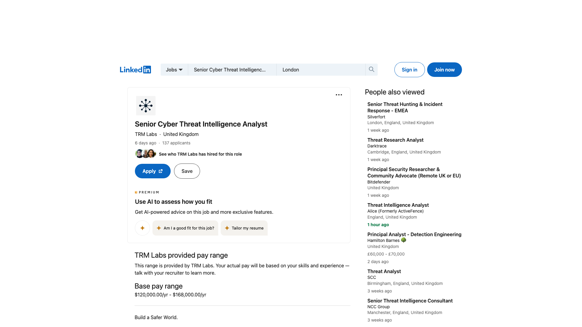 Screenshot of the TRM Labs Senior Cyber Threat Intelligence Analyst job posting, captured 2026-09-05