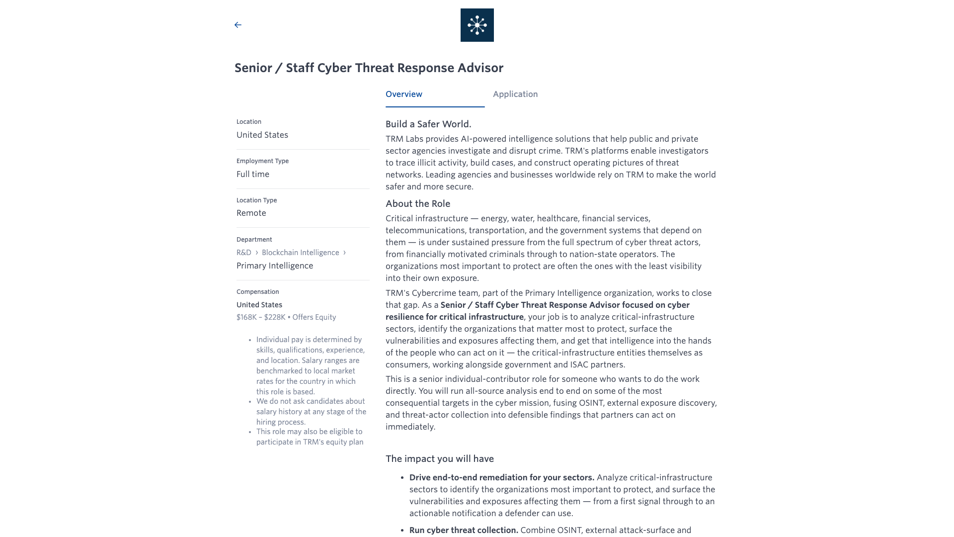 Screenshot of the TRM Labs Senior / Staff Cyber Threat Response Advisor job posting, captured 2026-10-22