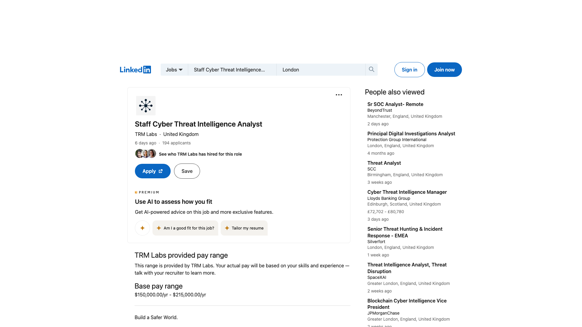 Screenshot of the TRM Labs Staff Cyber Threat Intelligence Analyst job posting, captured 2026-09-05