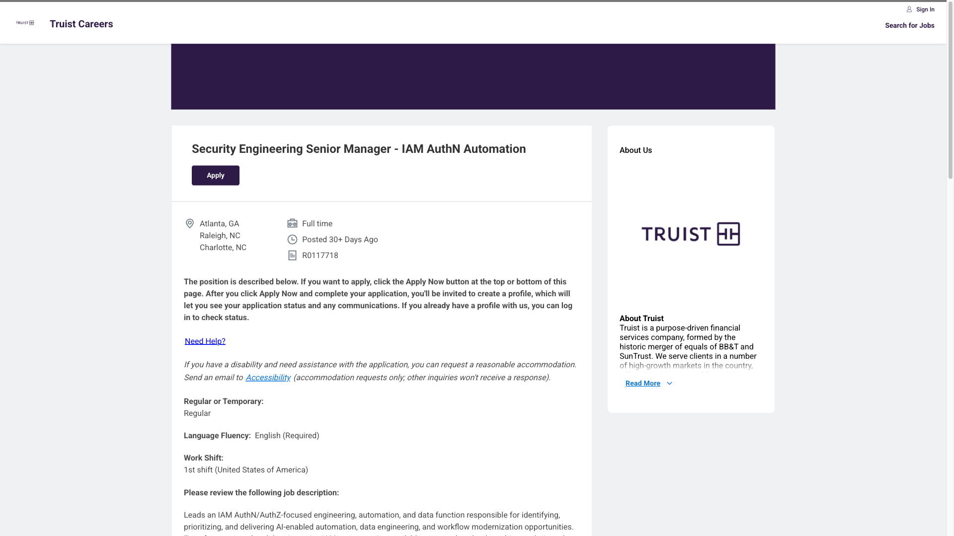 Screenshot of the Truist Security Engineering Senior Manager - IAM AuthN Automation job posting, captured 2026-10-08