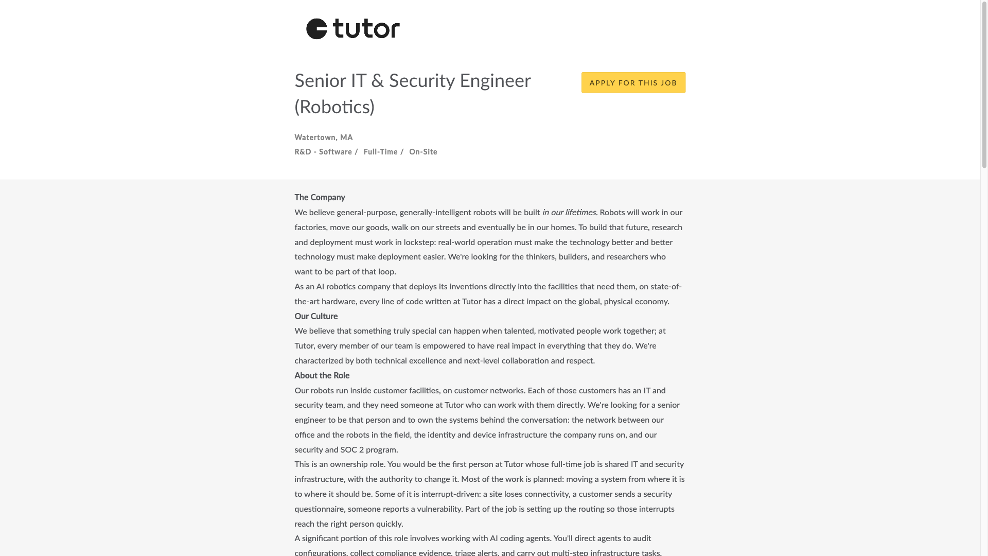 Screenshot of the Tutor Intelligence Senior IT & Security Engineer (Robotics) job posting, captured 2026-10-08