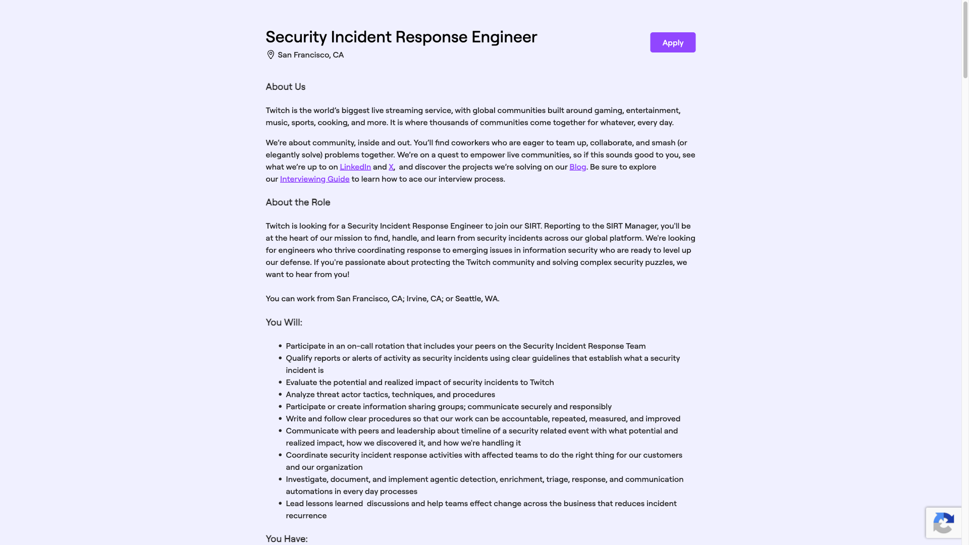 Screenshot of the Twitch Security Incident Response Engineer job posting, captured 2026-10-08