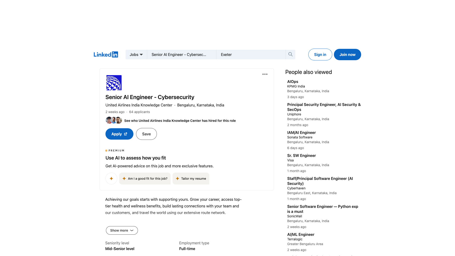 Screenshot of the United Airlines Senior AI Engineer - Cybersecurity job posting, captured 2026-09-05
