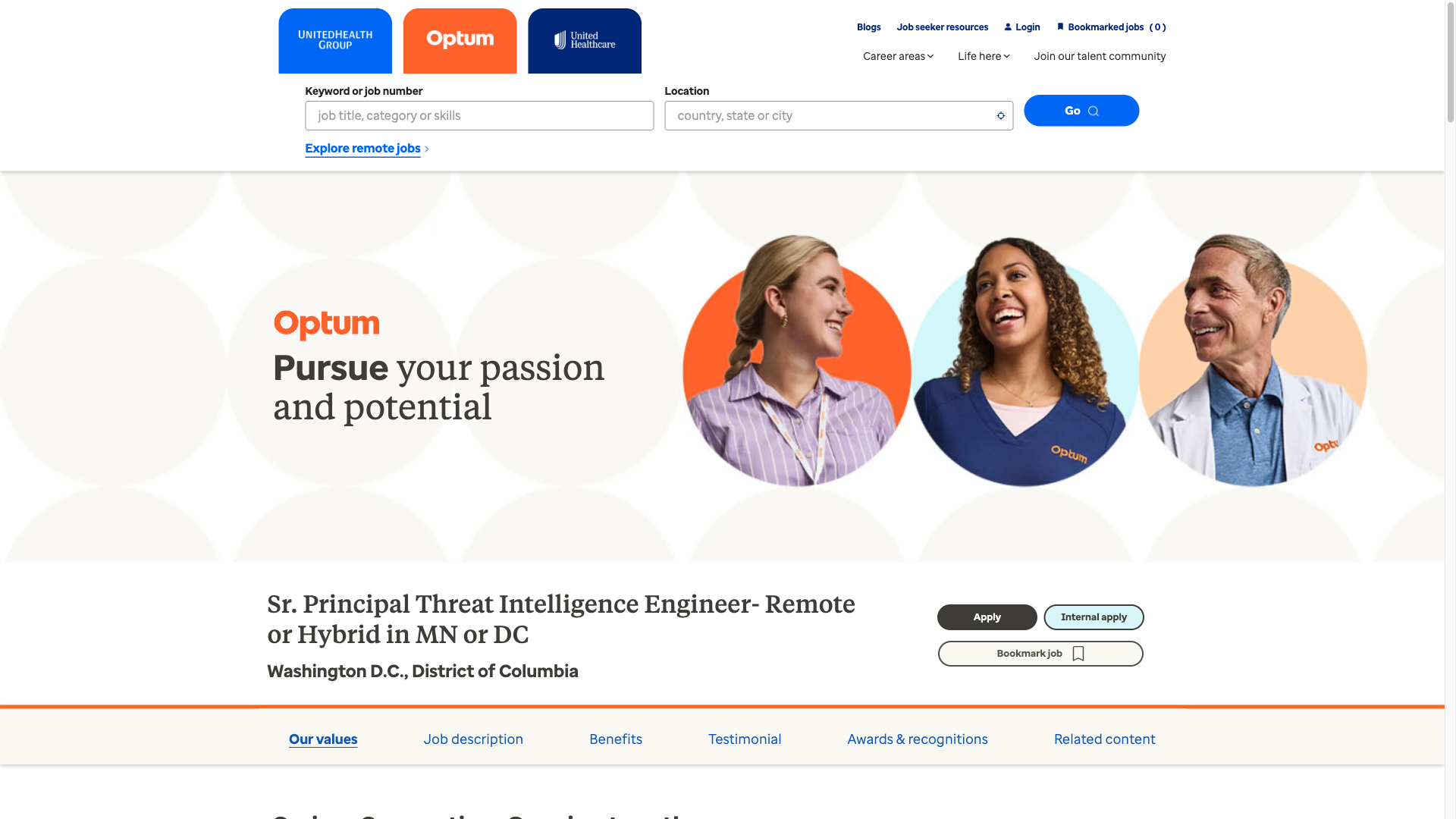 Screenshot of the UnitedHealth Group Sr. Principal Threat Intelligence Engineer- Remote or Hybrid in MN or DC job posting, captured 2026-10-08