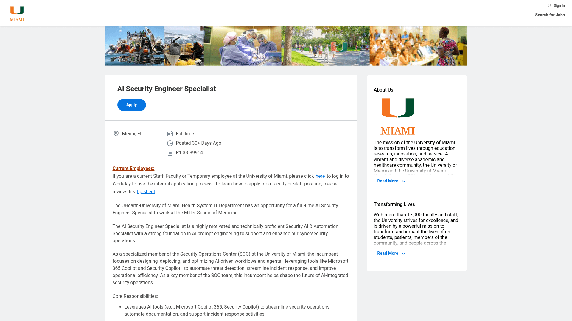 Screenshot of the University of Miami AI Security Engineer Specialist job posting, captured 2026-08-27