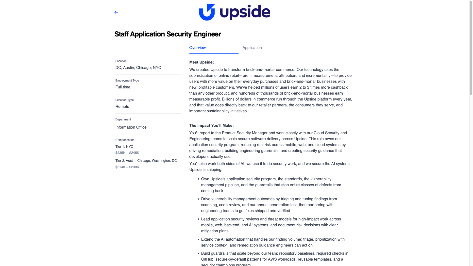 Screenshot of the Upside Staff Application Security Engineer job posting, captured 2026-10-08