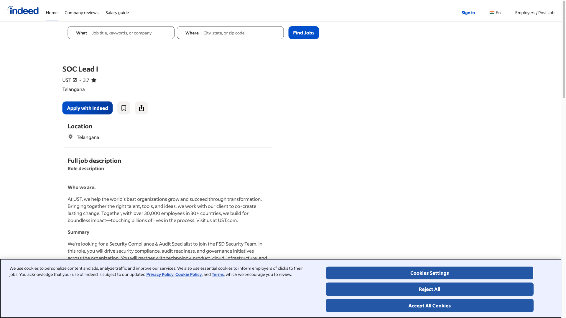 Screenshot of the UST SOC Lead I job posting, captured 2026-09-05