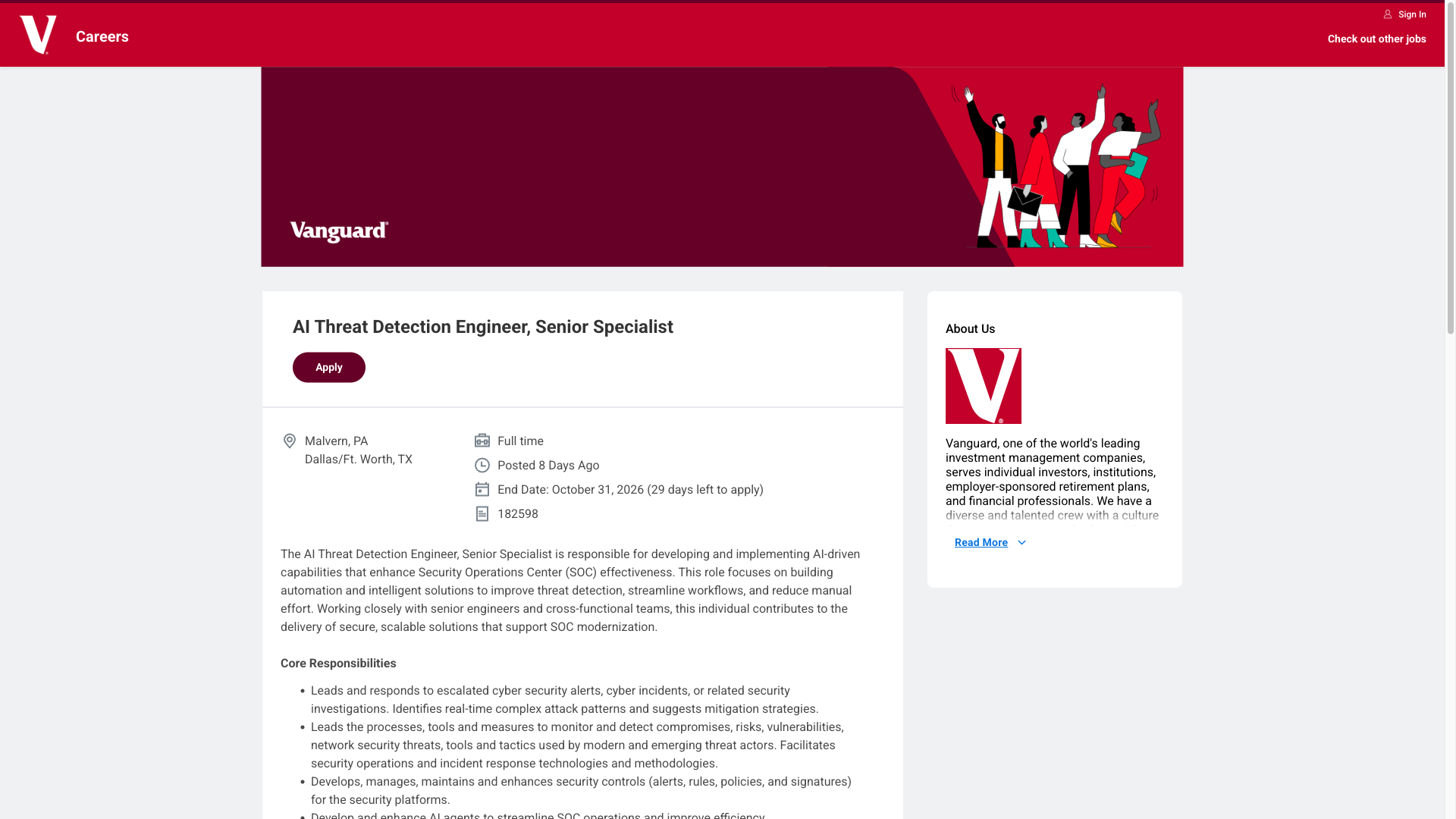 Screenshot of the Vanguard AI Threat Detection Engineer, Senior Specialist job posting, captured 2026-10-01