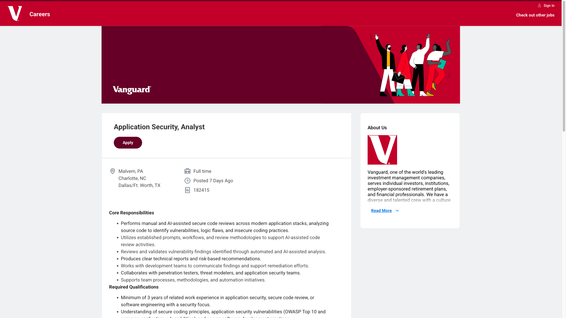 Screenshot of the Vanguard Application Security, Analyst job posting, captured 2026-10-01