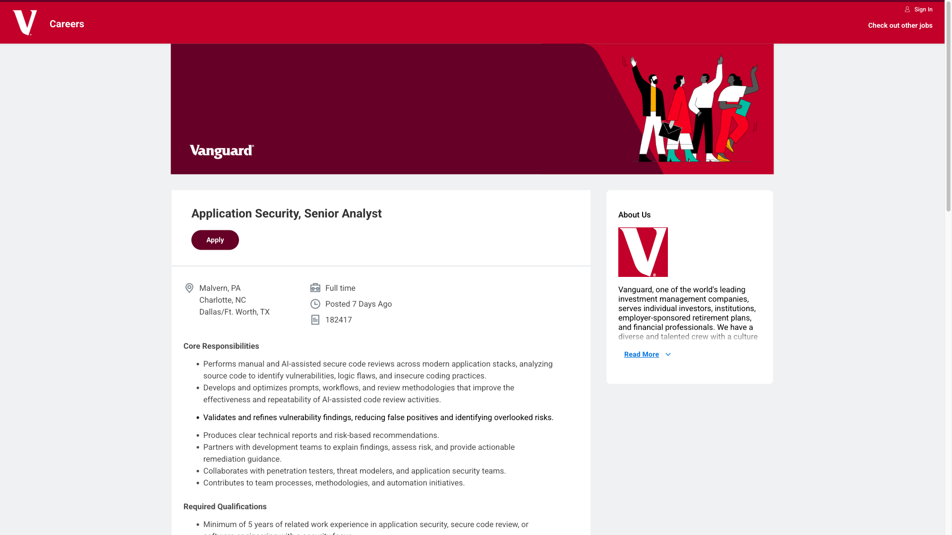Screenshot of the Vanguard Application Security, Senior Analyst job posting, captured 2026-10-01