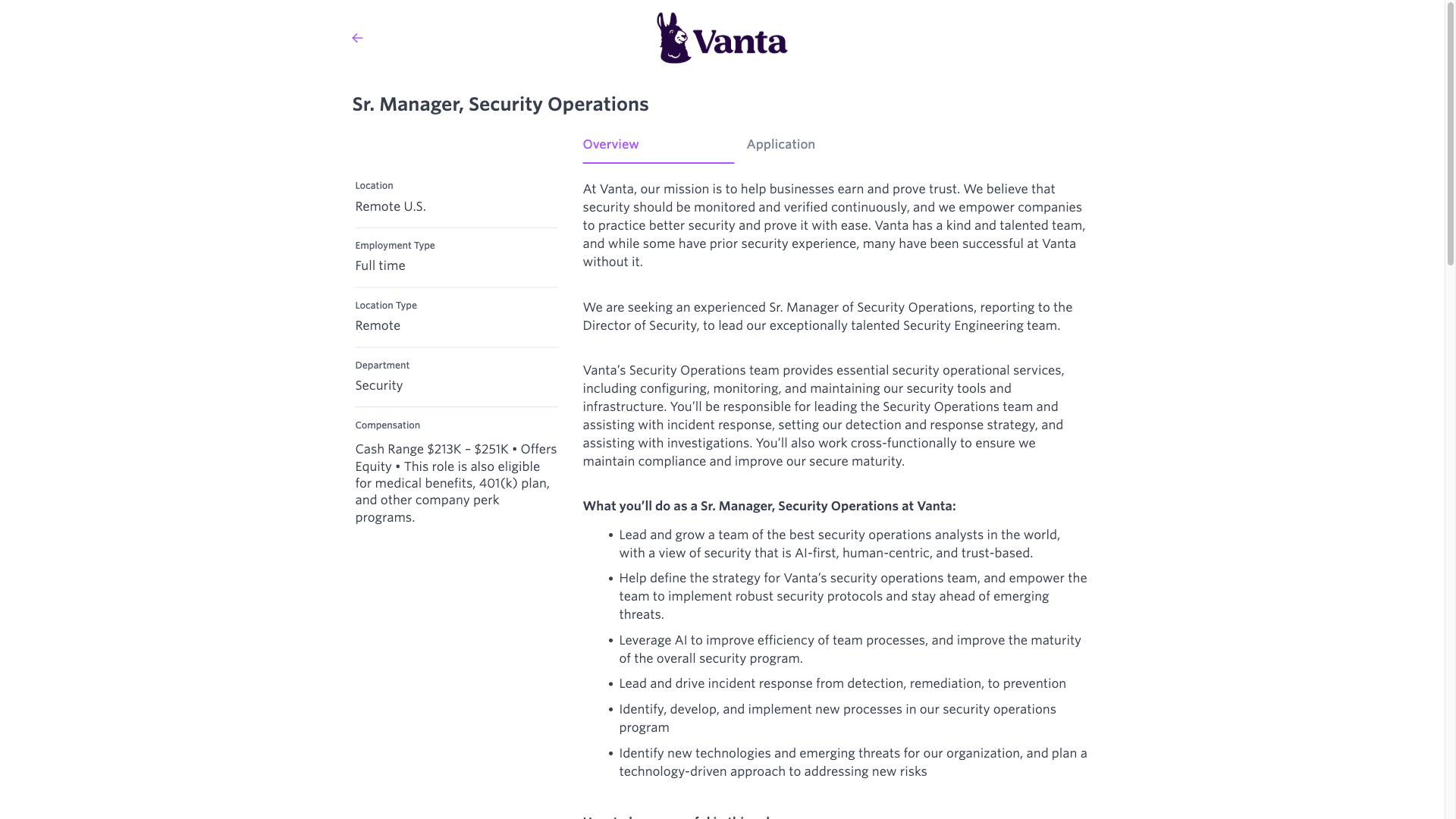 Screenshot of the Vanta Sr. Manager, Security Operations job posting, captured 2026-10-01