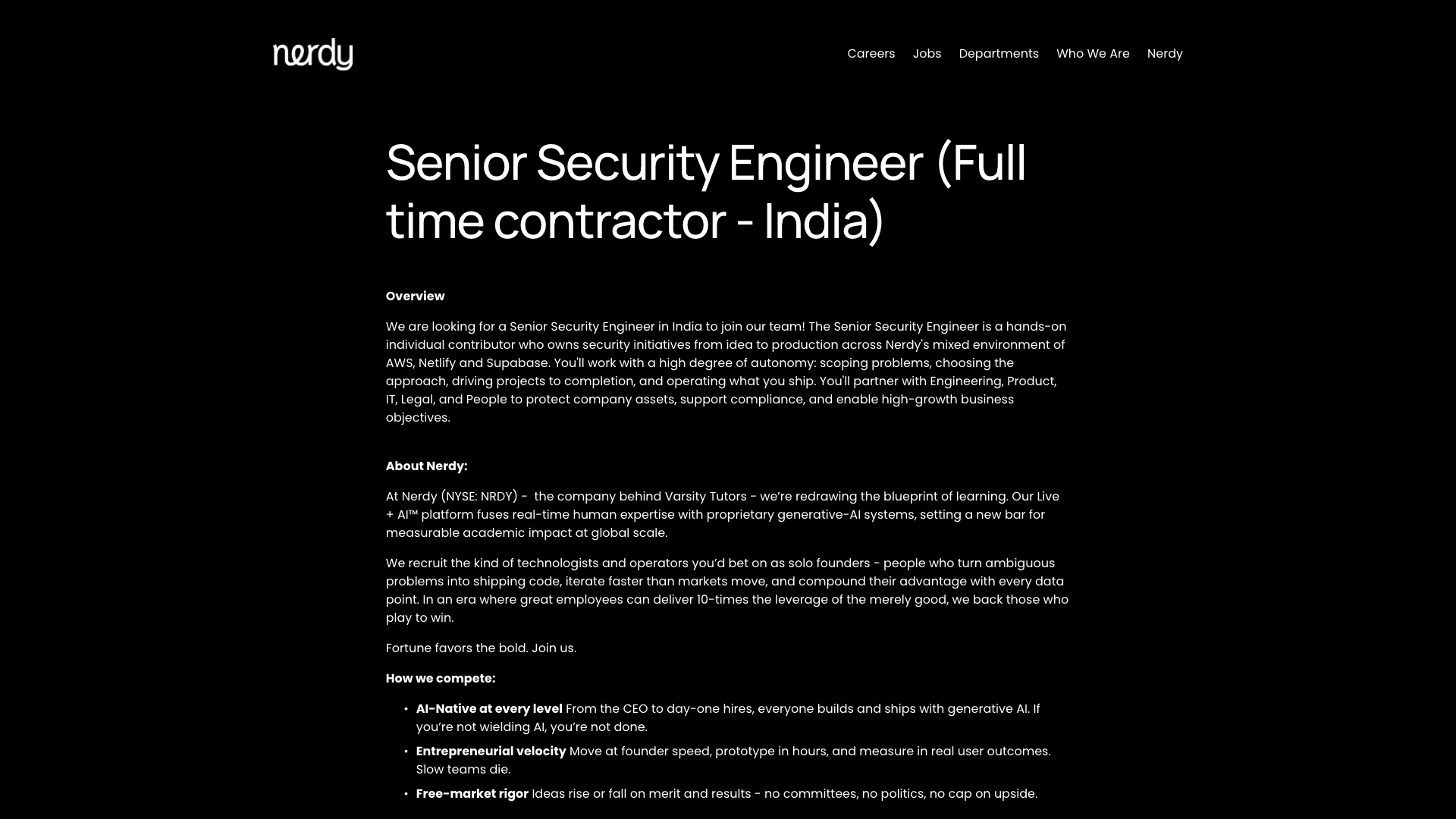 Screenshot of the Nerdy Senior Security Engineer (Full time contractor - India) job posting, captured 2026-10-22