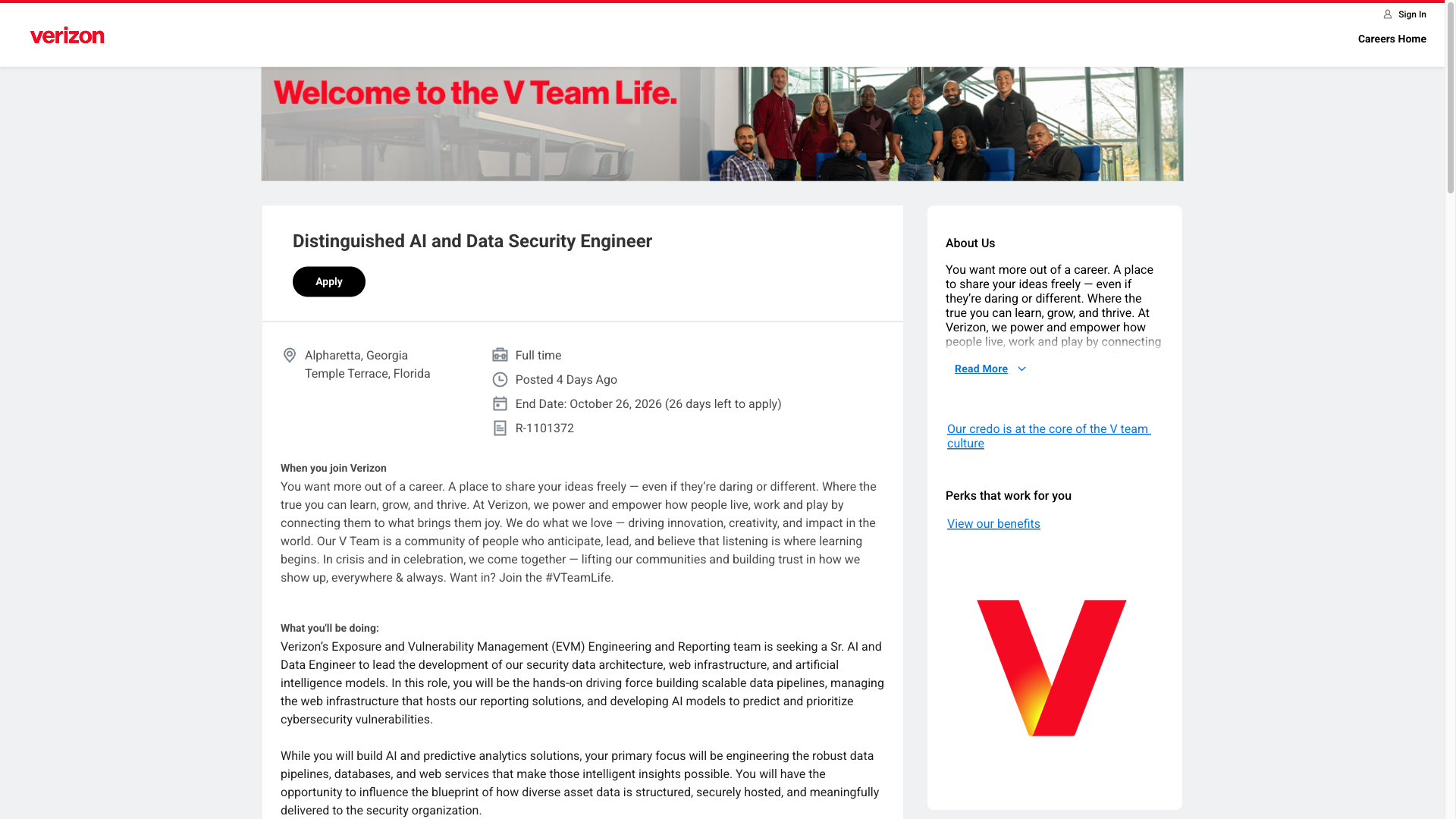 Screenshot of the Verizon Distinguished AI and Data Security Engineer job posting, captured 2026-09-29