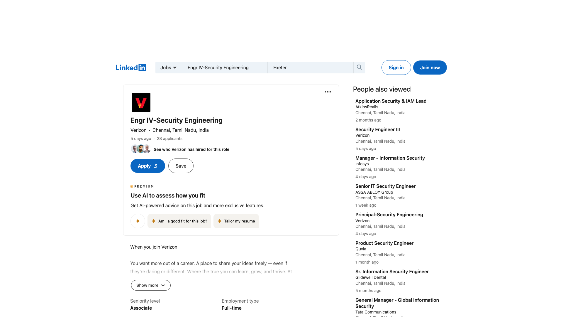 Screenshot of the Verizon Engr IV - Security Engineering (Red Team) job posting, captured 2026-09-05