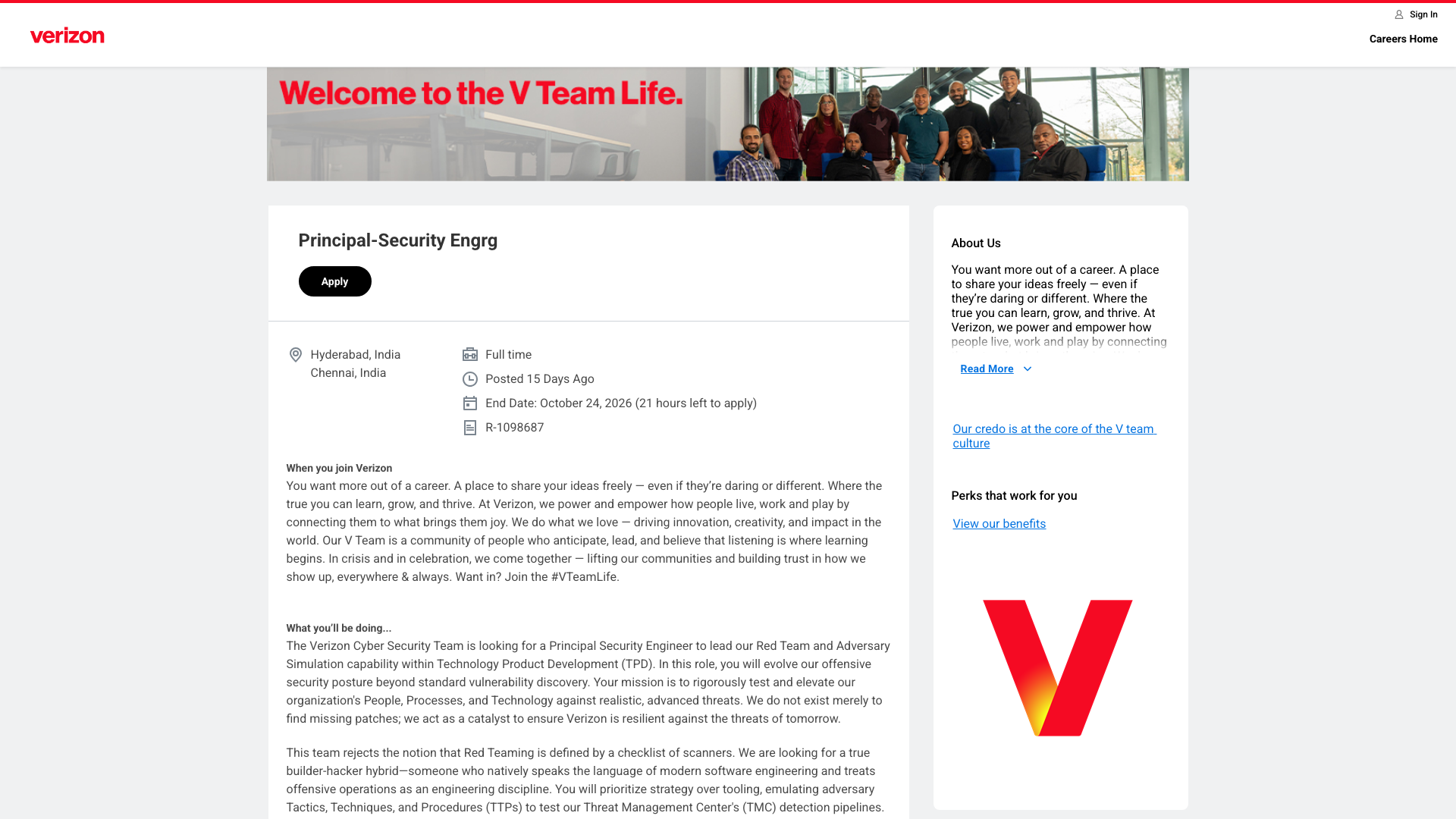 Screenshot of the Verizon Principal-Security Engrg job posting, captured 2026-10-22