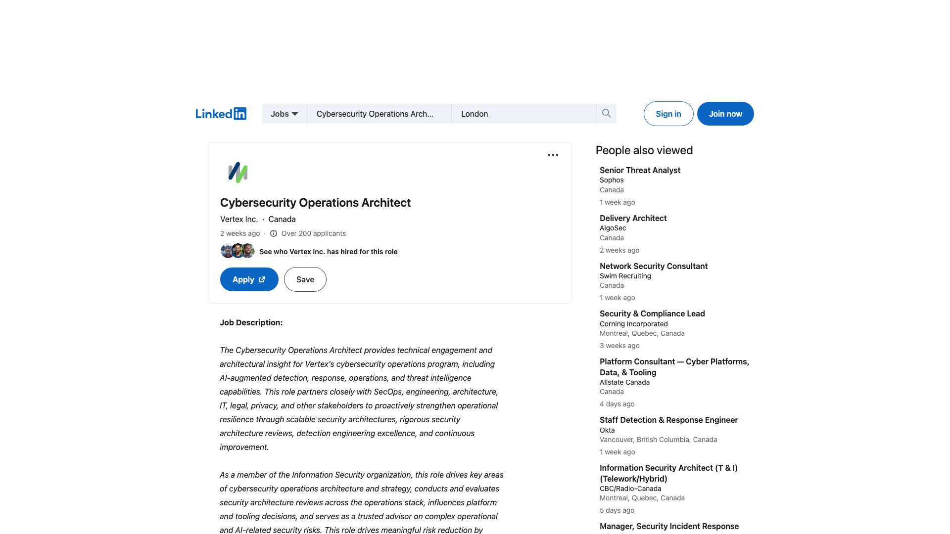 Screenshot of the Vertex Cybersecurity Operations Architect job posting, captured 2026-09-05
