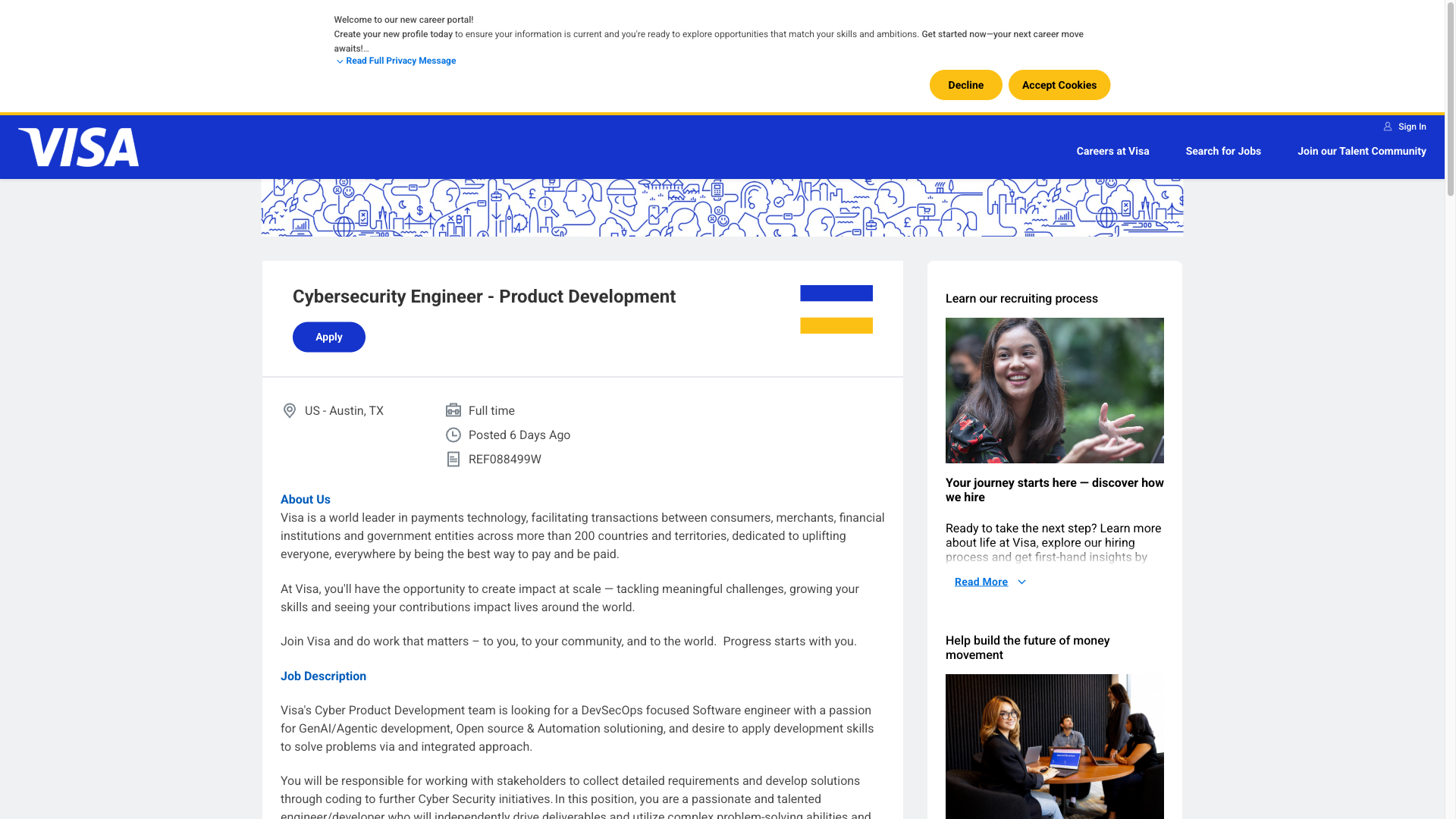 Screenshot of the Visa Cybersecurity Engineer - Product Development job posting, captured 2026-10-01