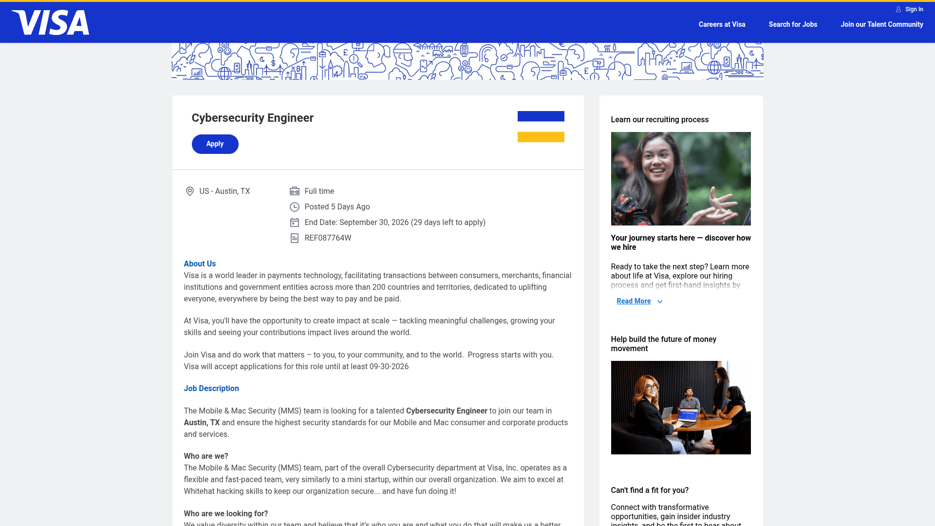 Screenshot of the Visa Cybersecurity Engineer (Mobile & Mac Security) job posting, captured 2026-08-31