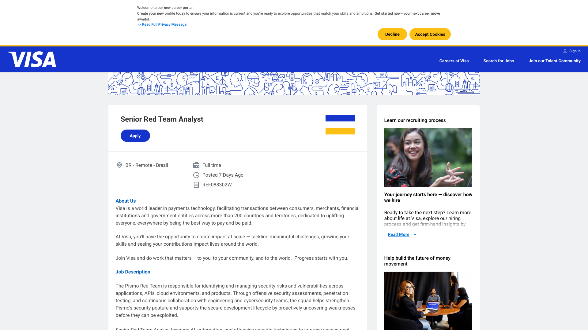 Screenshot of the Visa Senior Red Team Analyst job posting, captured 2026-10-22