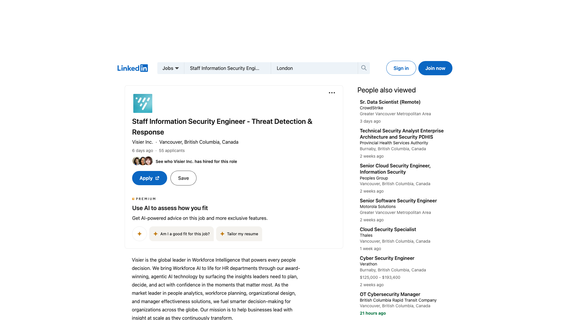 Screenshot of the Visier Staff Information Security Engineer - Threat Detection & Response job posting, captured 2026-09-05
