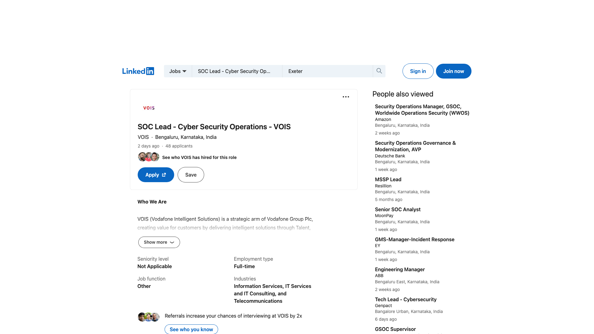 Screenshot of the VOIS (Vodafone) SOC Lead - Cyber Security Operations job posting, captured 2026-09-05