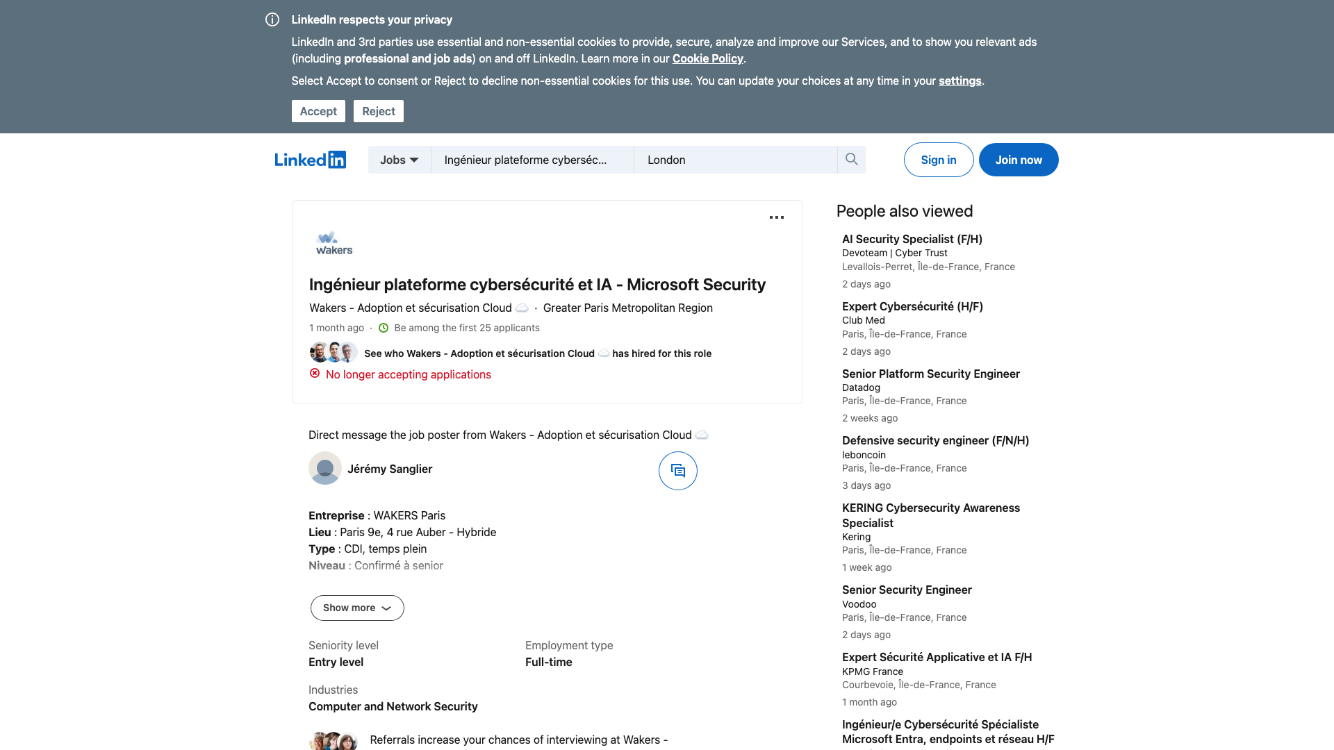 Screenshot of the Wakers Ingénieur plateforme cybersécurité et IA - Microsoft Security job posting, captured 2026-10-22