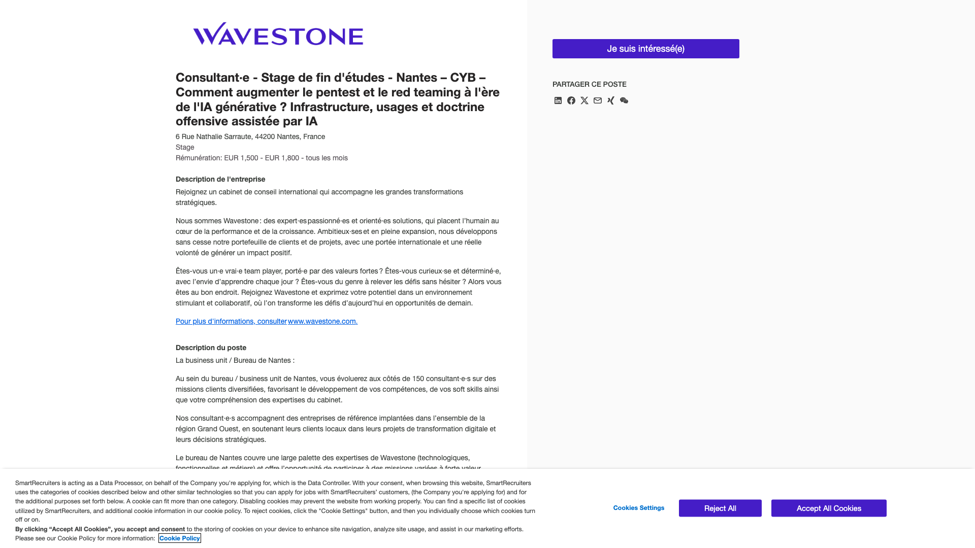 Screenshot of the Wavestone Stage fin d'études – Nantes – CYB – Comment augmenter le pentest et le red teaming à l'ère de l'IA générative ? job posting, captured 2026-09-05