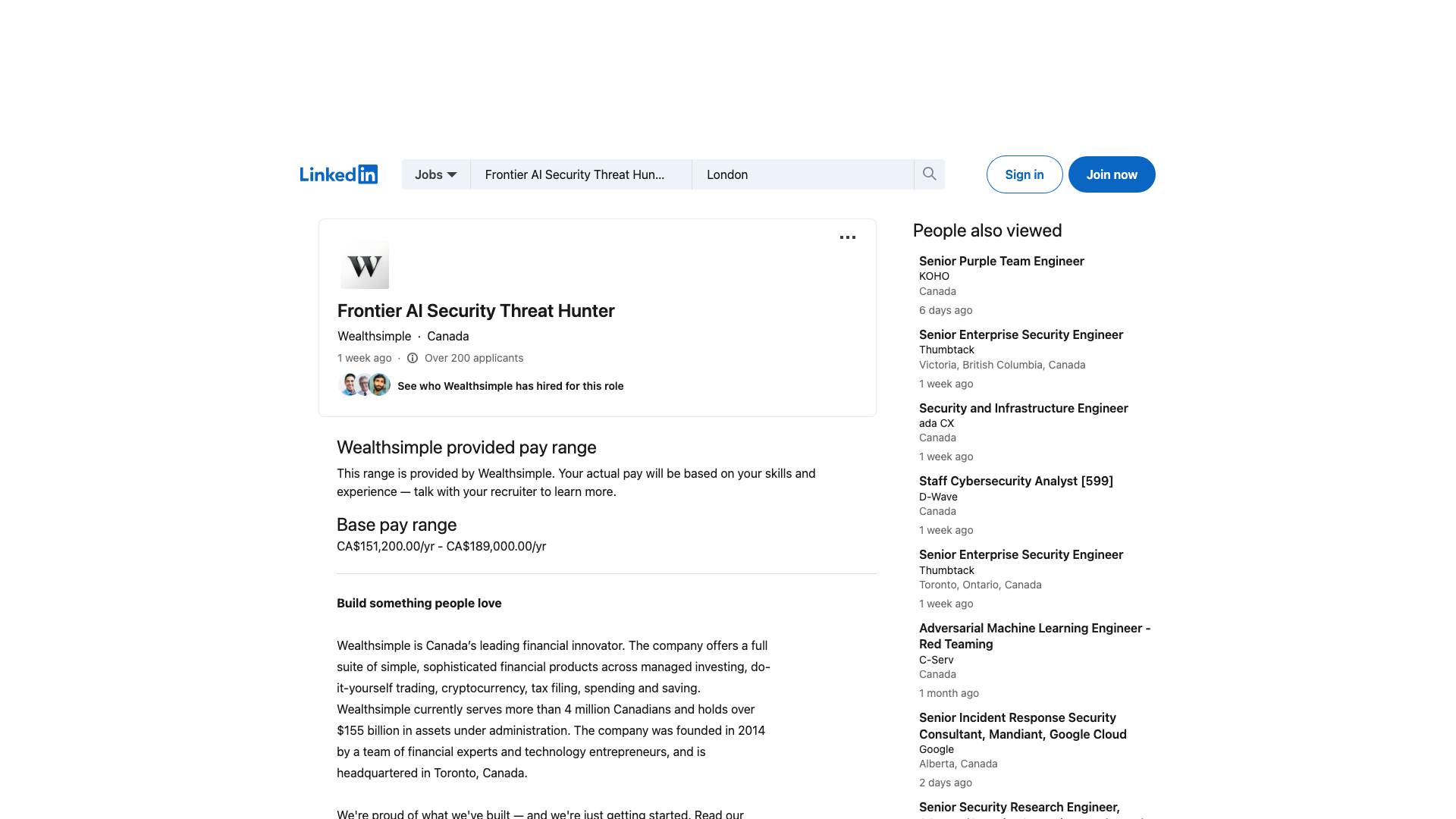 Screenshot of the Wealthsimple Frontier AI Security Threat Hunter job posting, captured 2026-09-05