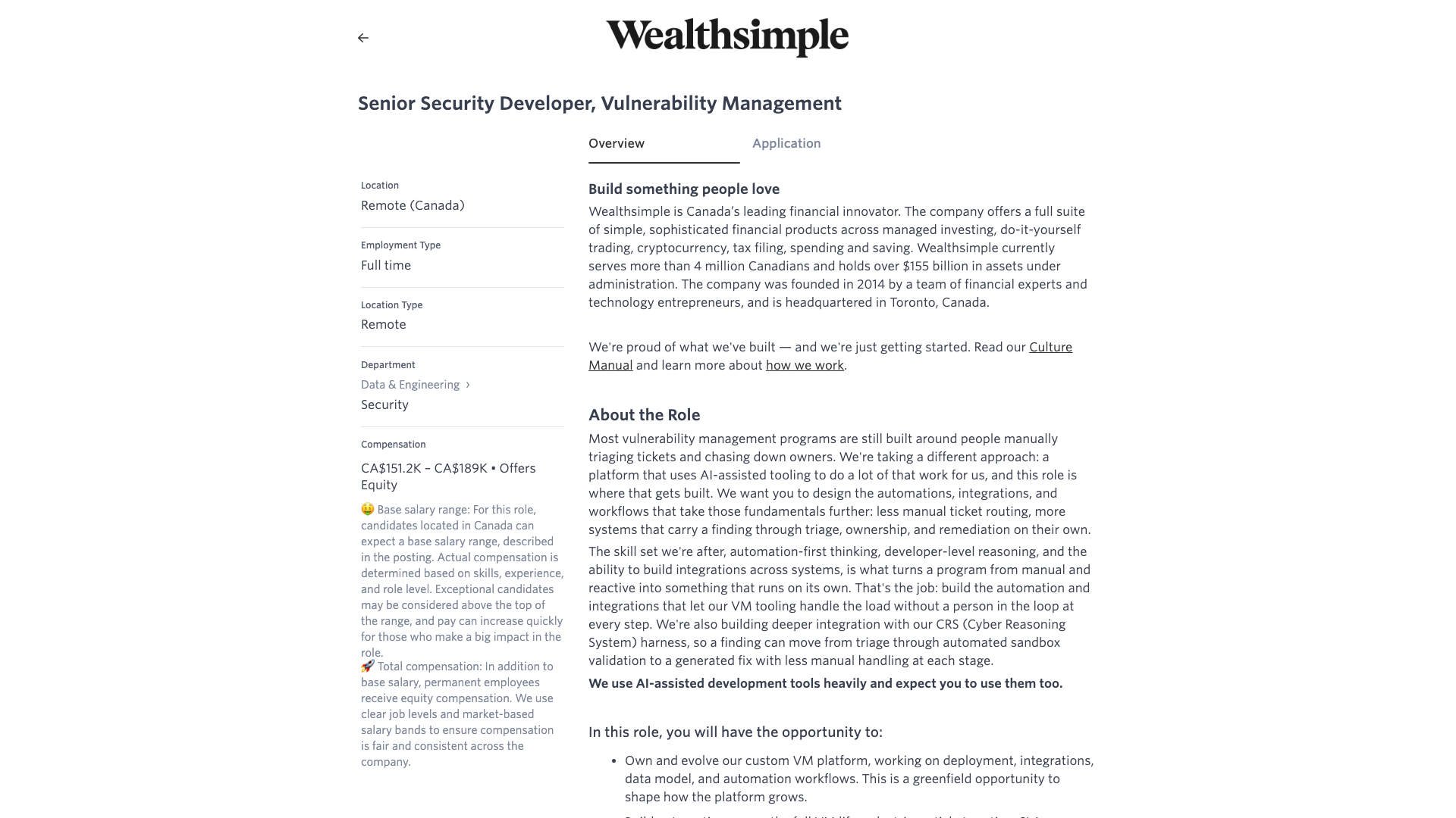 Screenshot of the Wealthsimple Senior Security Developer, Vulnerability Management job posting, captured 2026-09-05