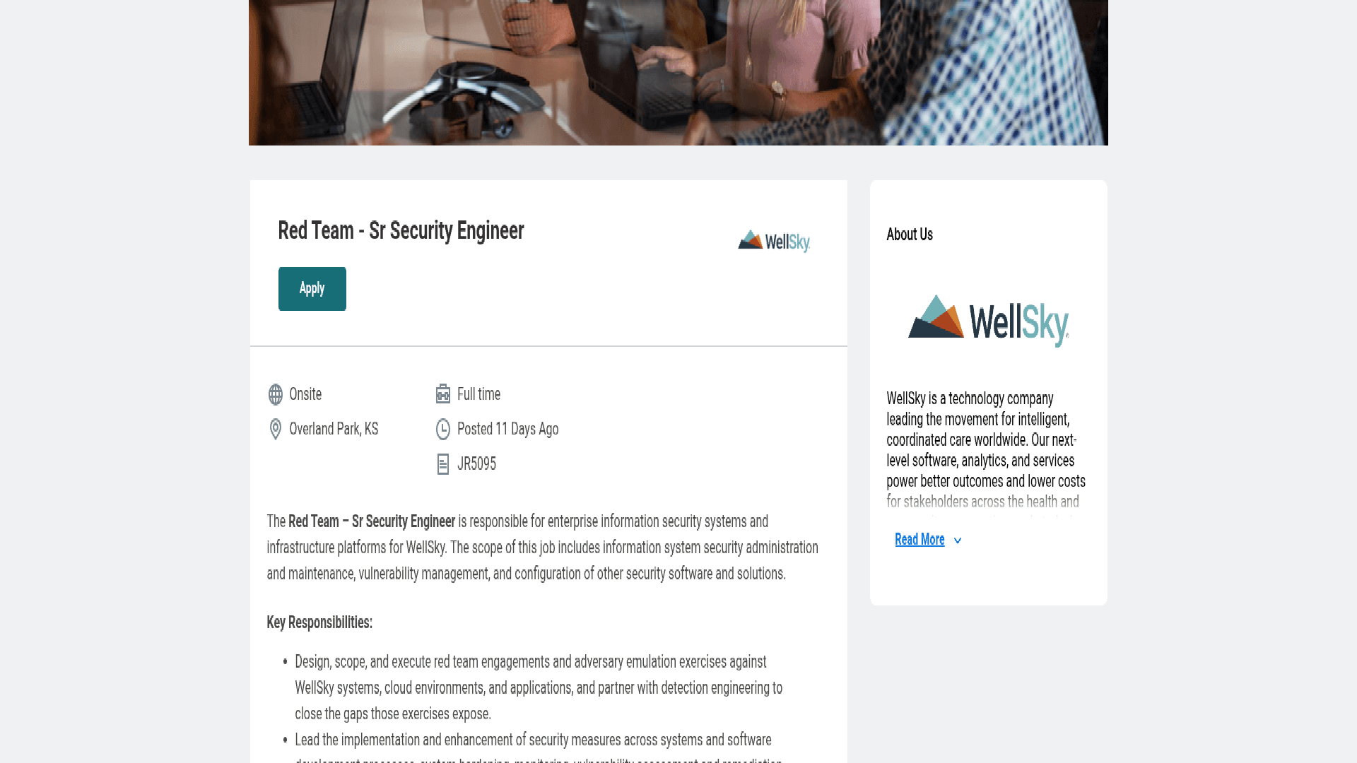 Screenshot of the WellSky Red Team - Sr Security Engineer job posting, captured 2026-08-31