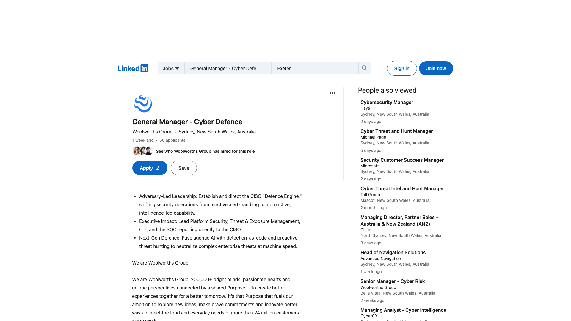 Screenshot of the Woolworths Group General Manager - Cyber Defence job posting, captured 2026-09-05