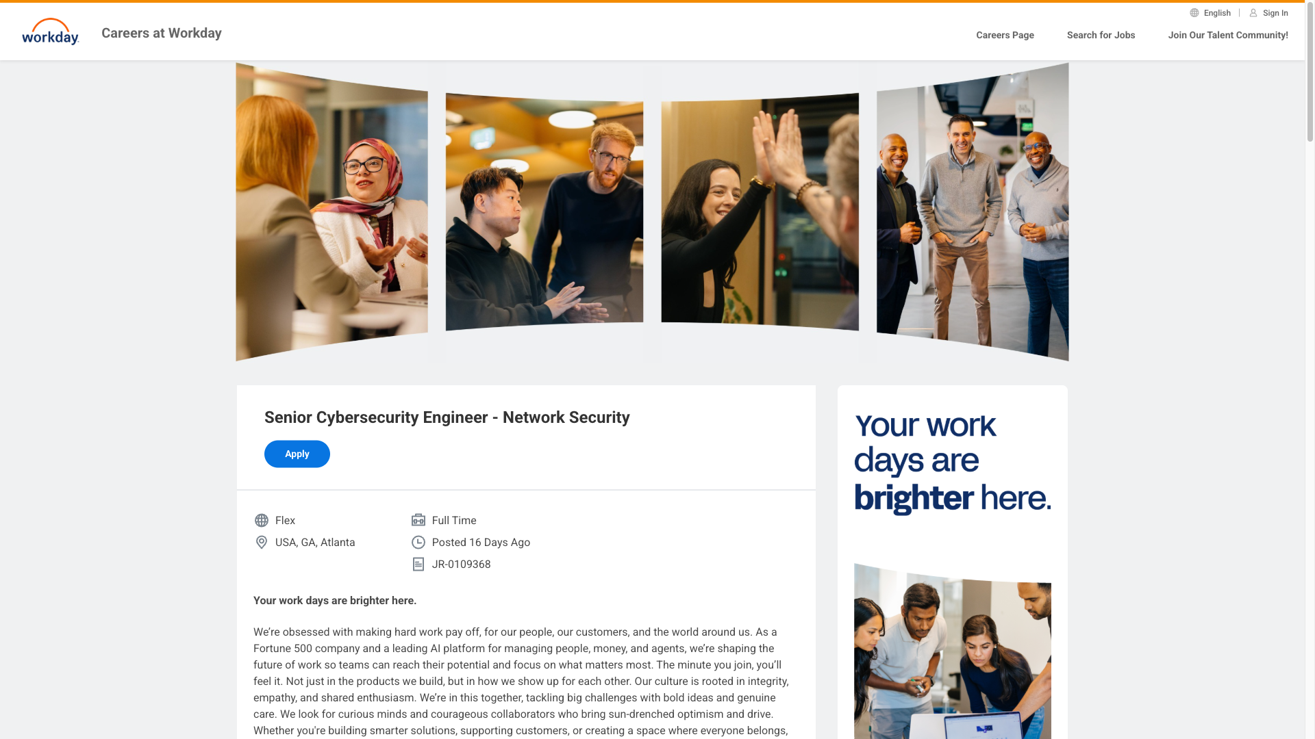 Screenshot of the Workday Senior Cybersecurity Engineer - Network Security job posting, captured 2026-09-24