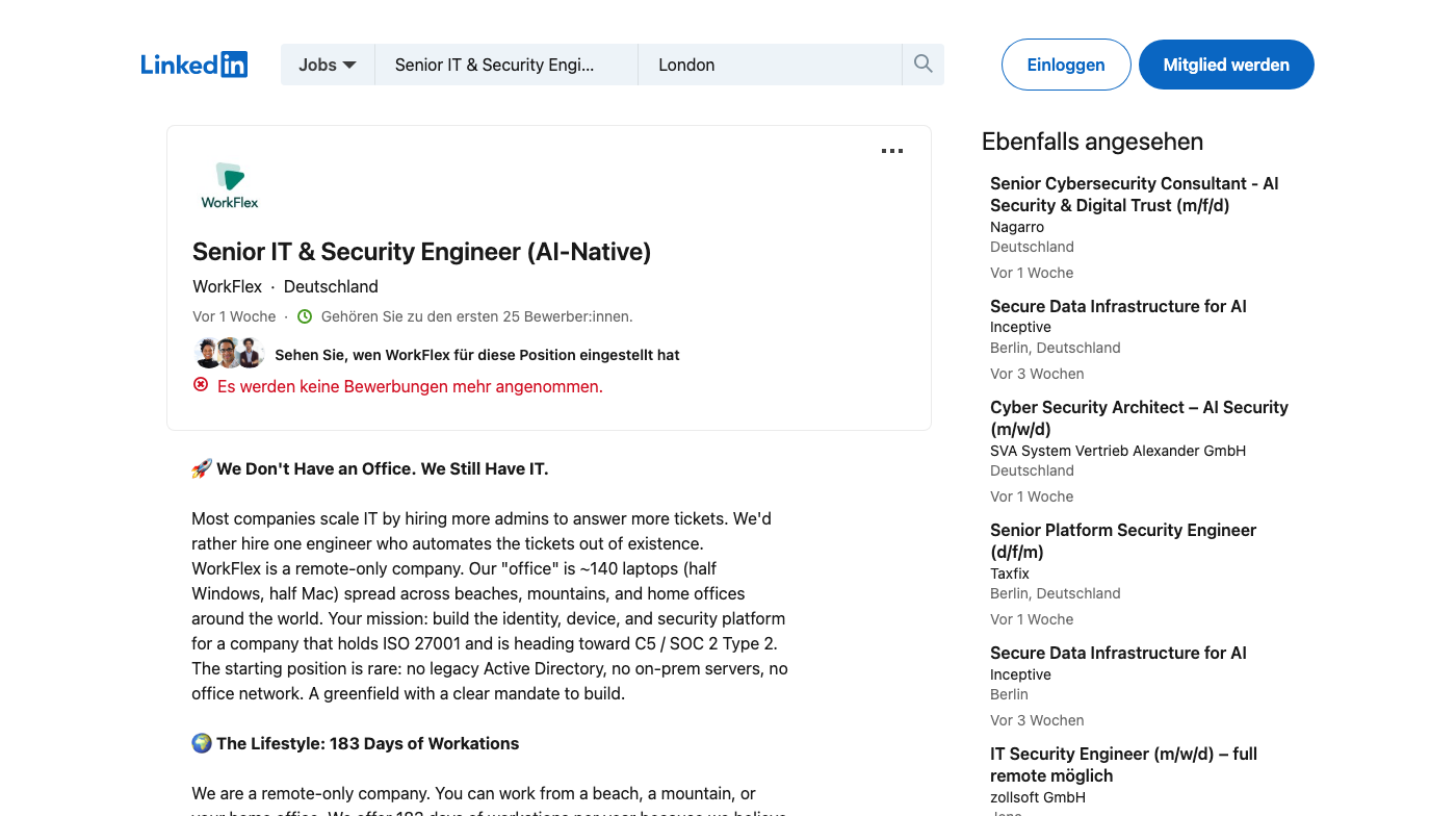 Screenshot of the WorkFlex Senior IT & Security Engineer (AI-Native) job posting, captured 2026-09-05