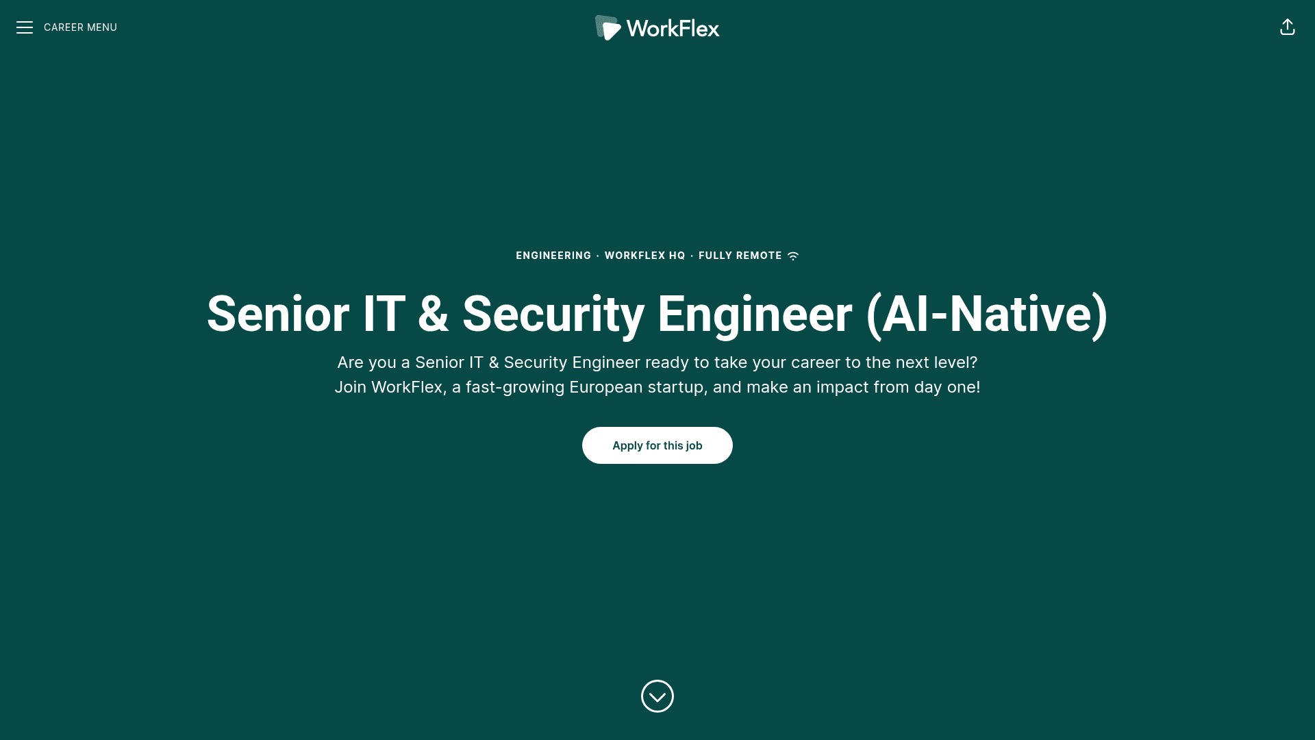 Screenshot of the WorkFlex Senior IT & Security Engineer (AI-Native) job posting, captured 2026-08-27