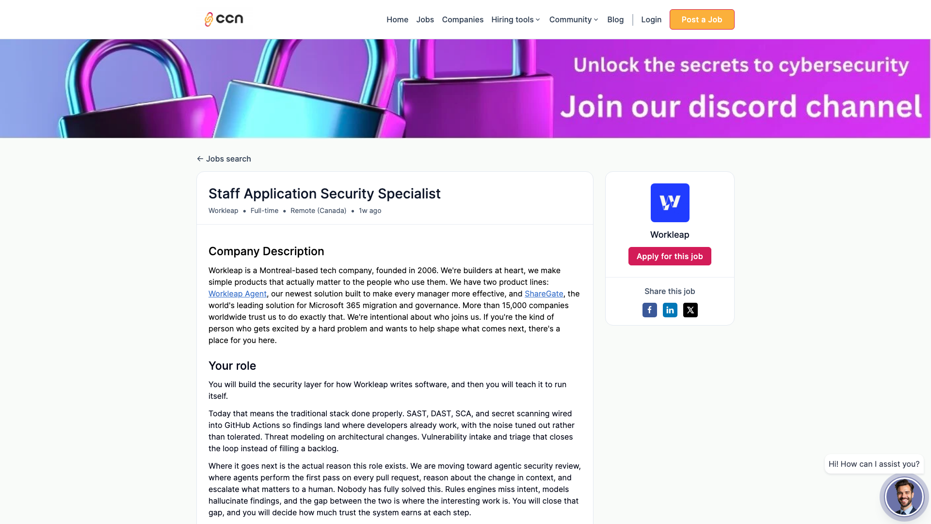 Screenshot of the Workleap Staff Application Security Specialist job posting, captured 2026-09-05