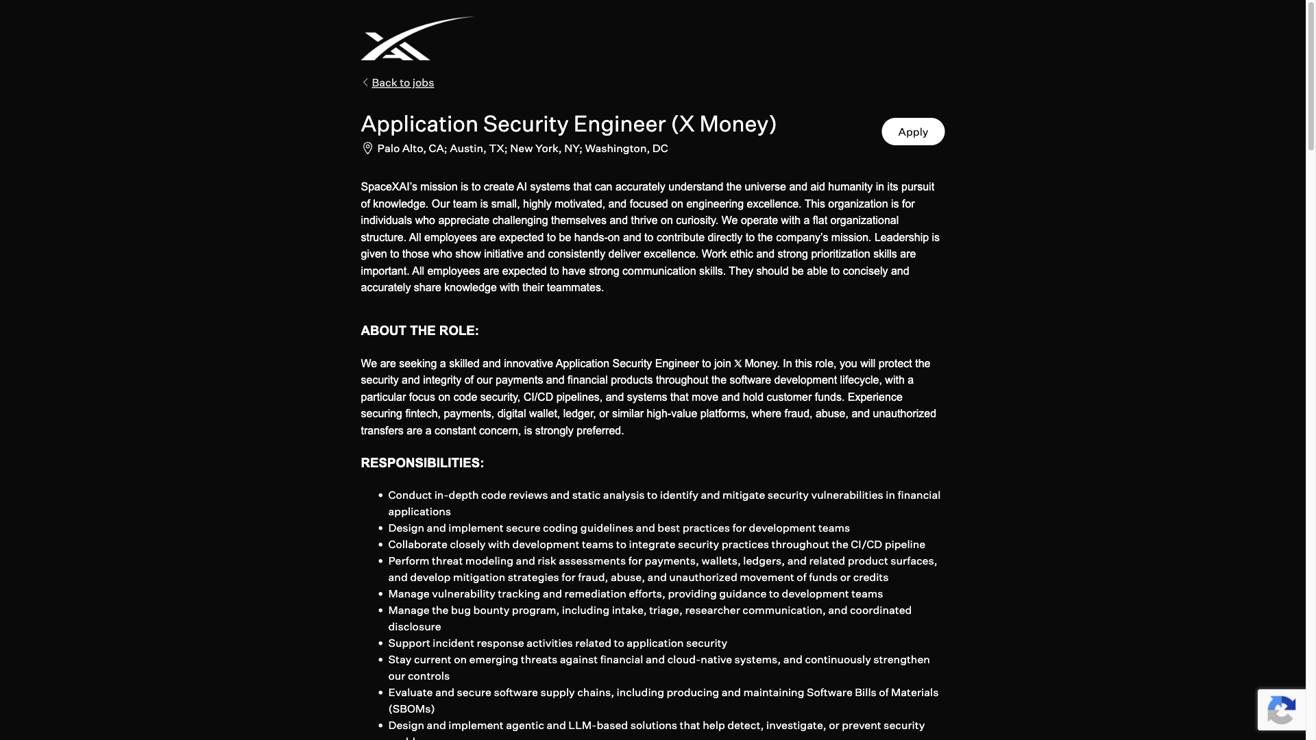 Screenshot of the xAI Application Security Engineer (X Money) job posting, captured 2026-10-08
