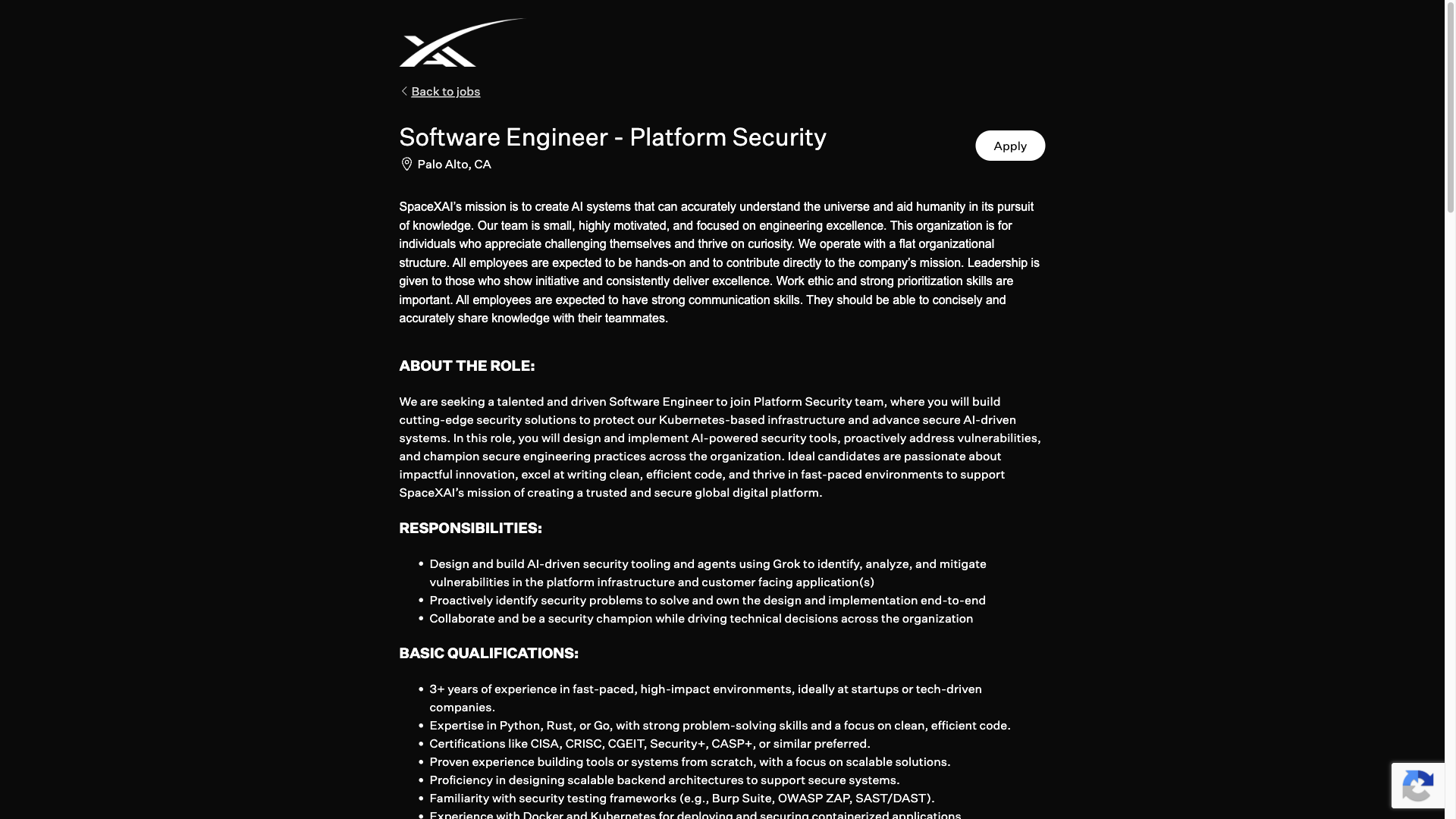 Screenshot of the xAI Software Engineer - Platform Security job posting, captured 2026-10-01
