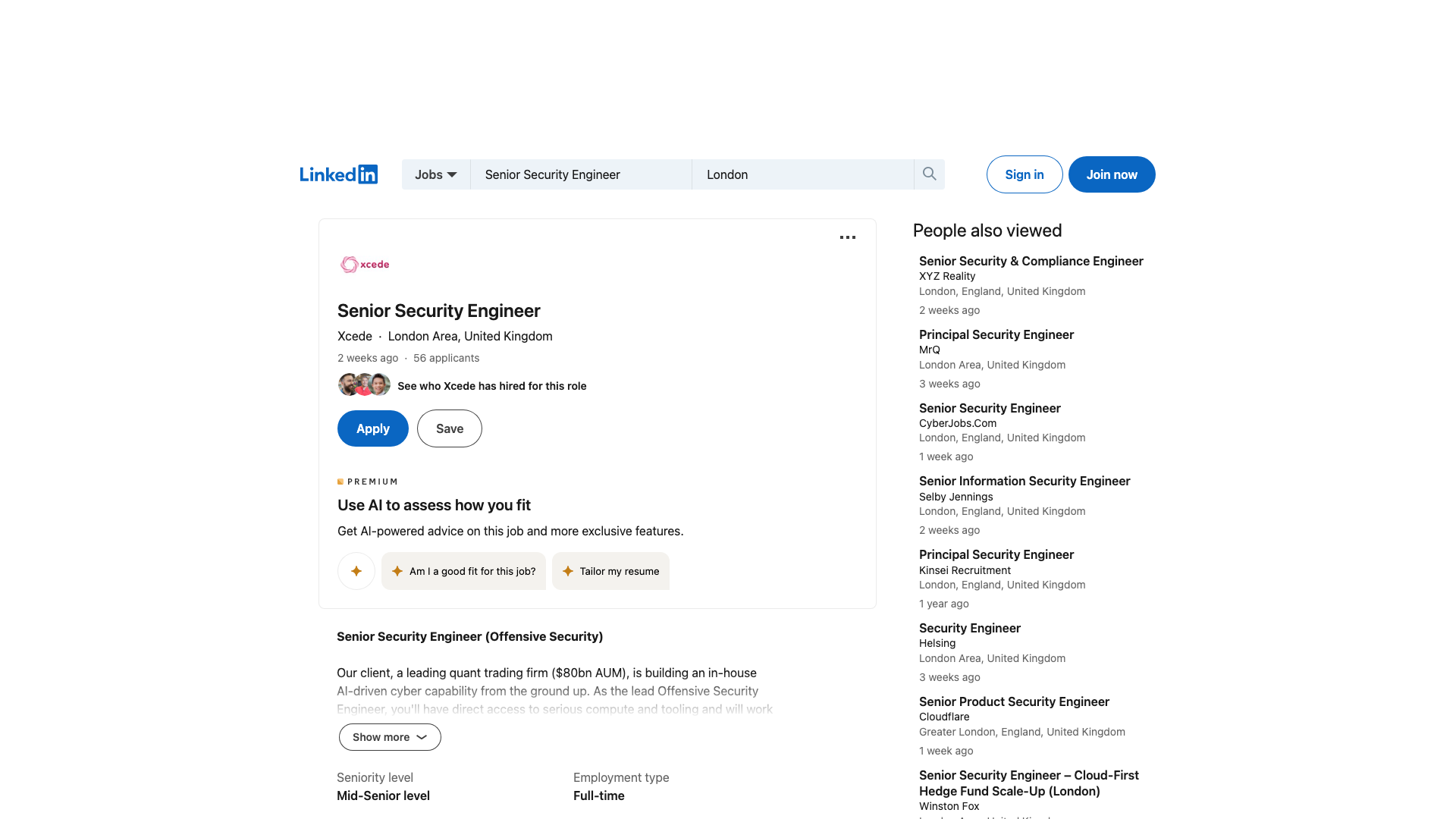 Screenshot of the Xcede (quant trading firm) Senior Security Engineer (Offensive Security) job posting, captured 2026-09-05